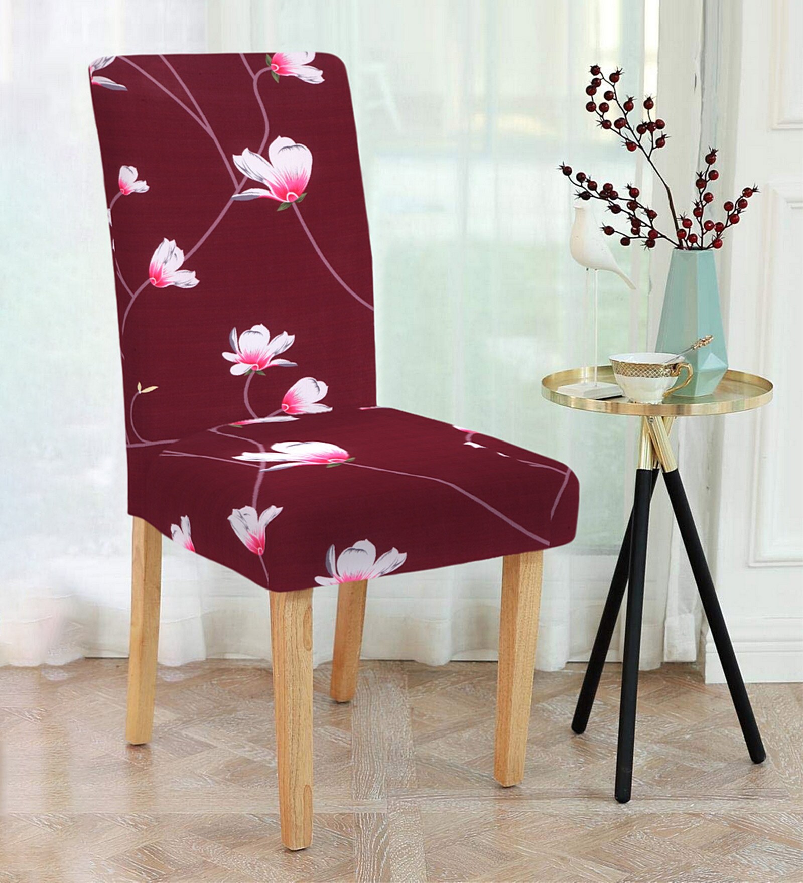 Maroon Florals Polyester 15x19 Inches Stretchable Chair Covers (Set of 4)