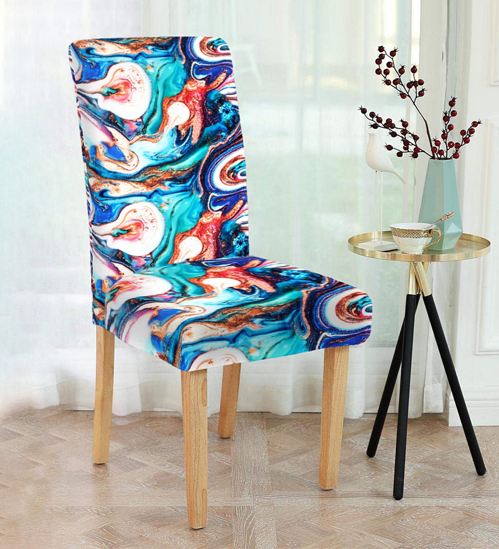 Blue Printed Polyester 15x19 Inches Stretchable Chair Covers (Pack of 4)