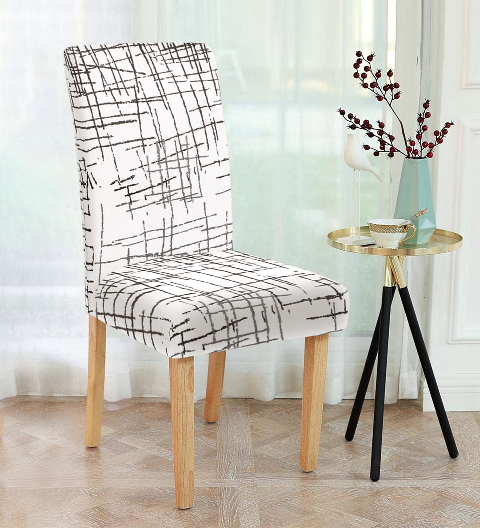 White Abstract Polyester 15x19 Inch Stretchable Chair Covers (Set of 6)