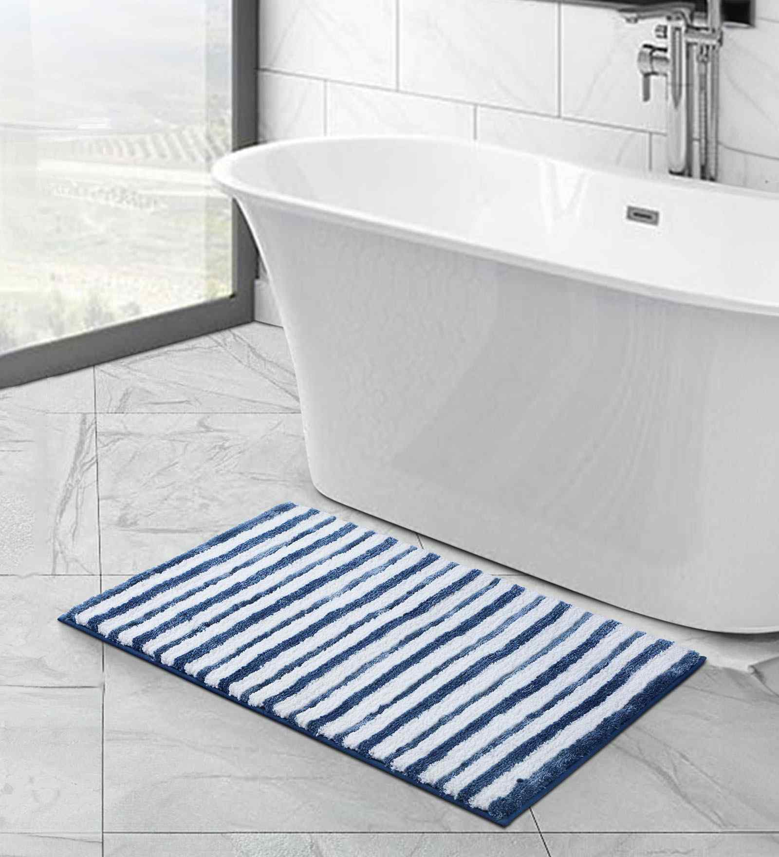 Ashley Blue Polyester Striped 60x40 cm Bath Mat