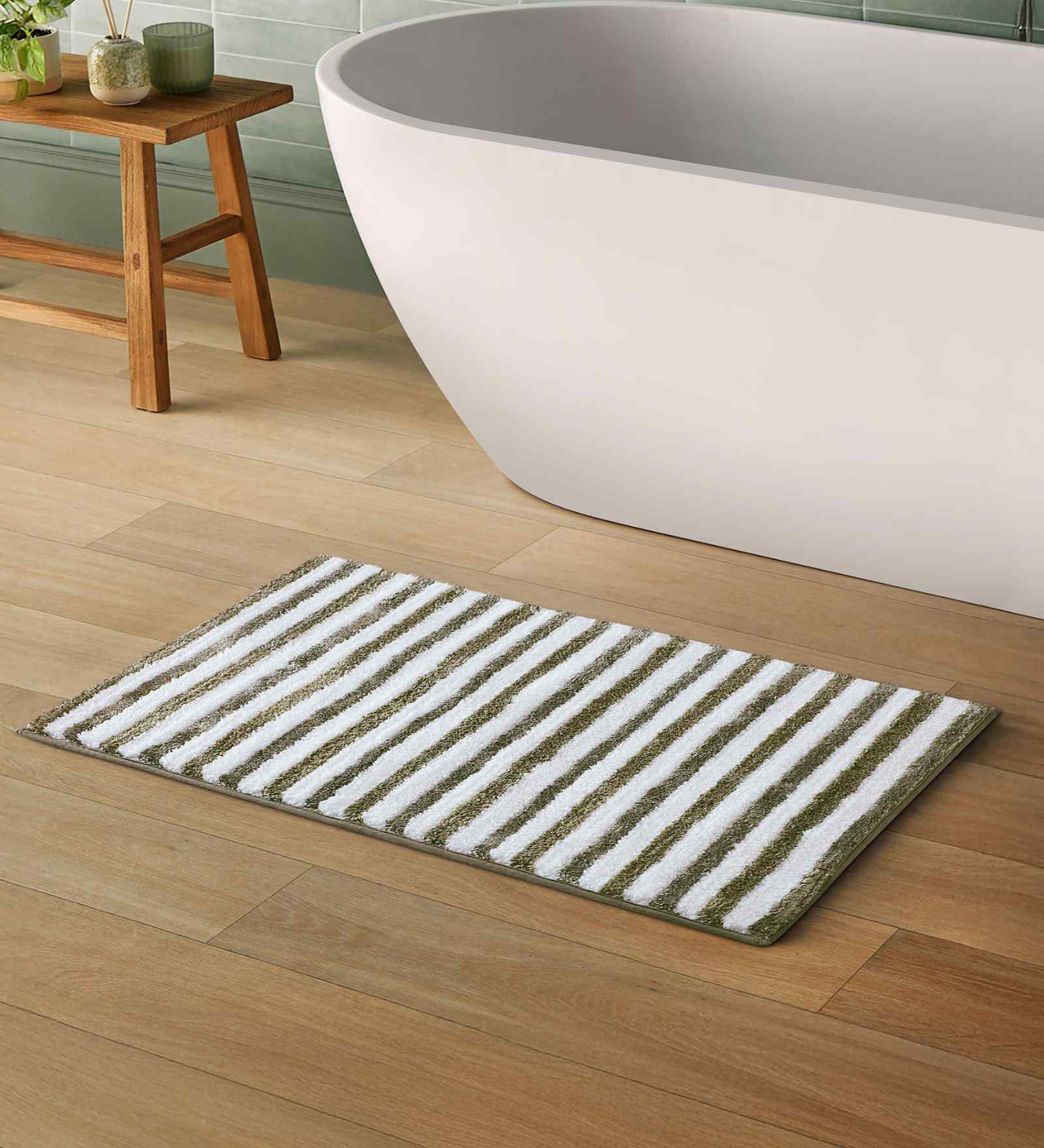 Olive Polyester Striped 60x40 cm Bath Mat