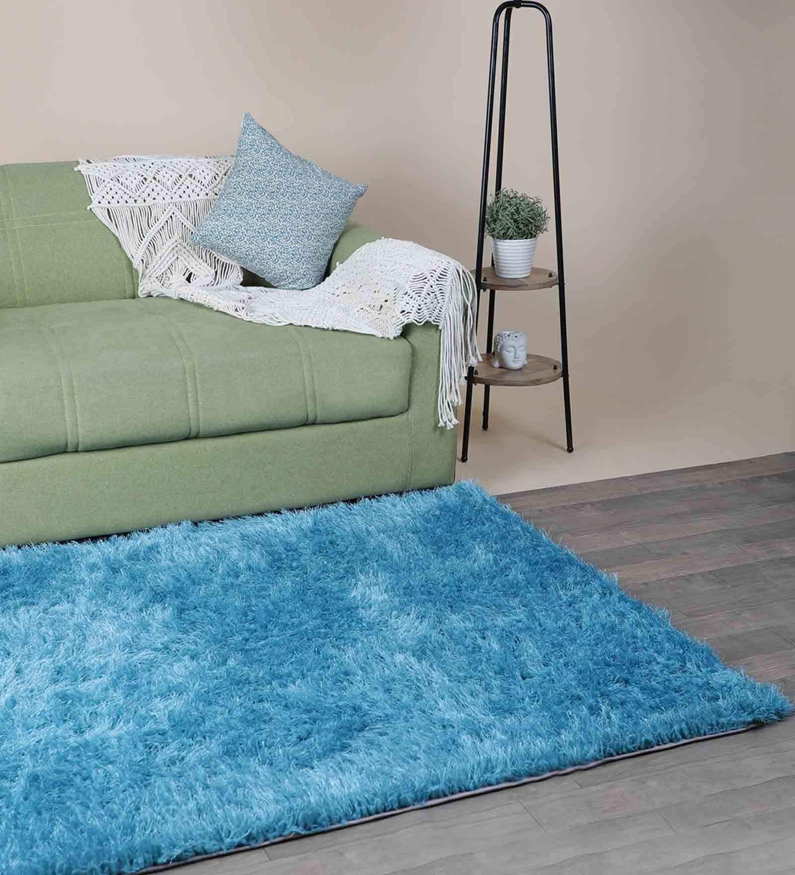 Buy Blue Polyester Shag 4 x 6 Feet Hand Tufted Carpet by IndiaRugs