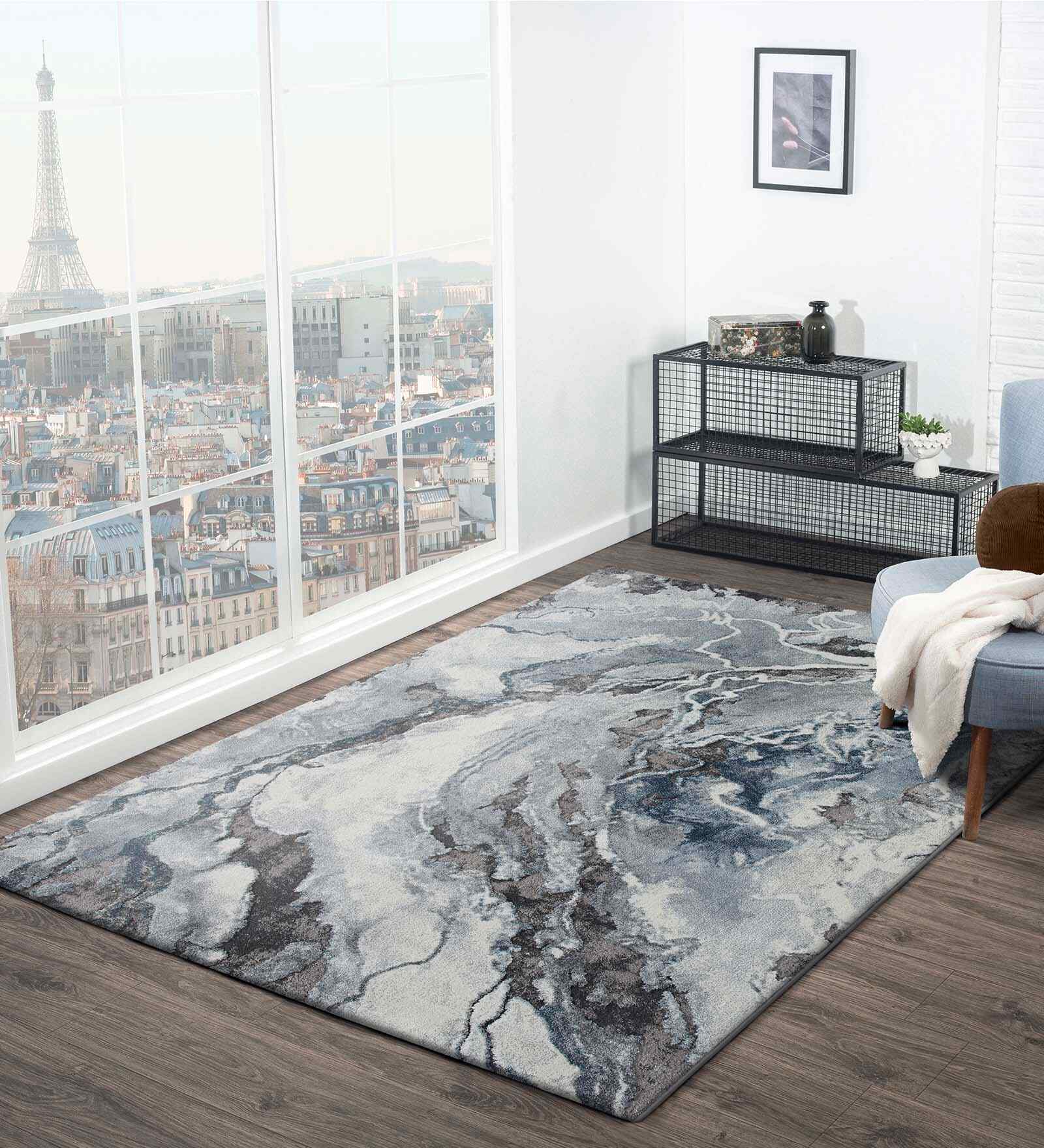 Polypropylene Abstract Machine Made Carpet, 4 X 6 Feet, Blue