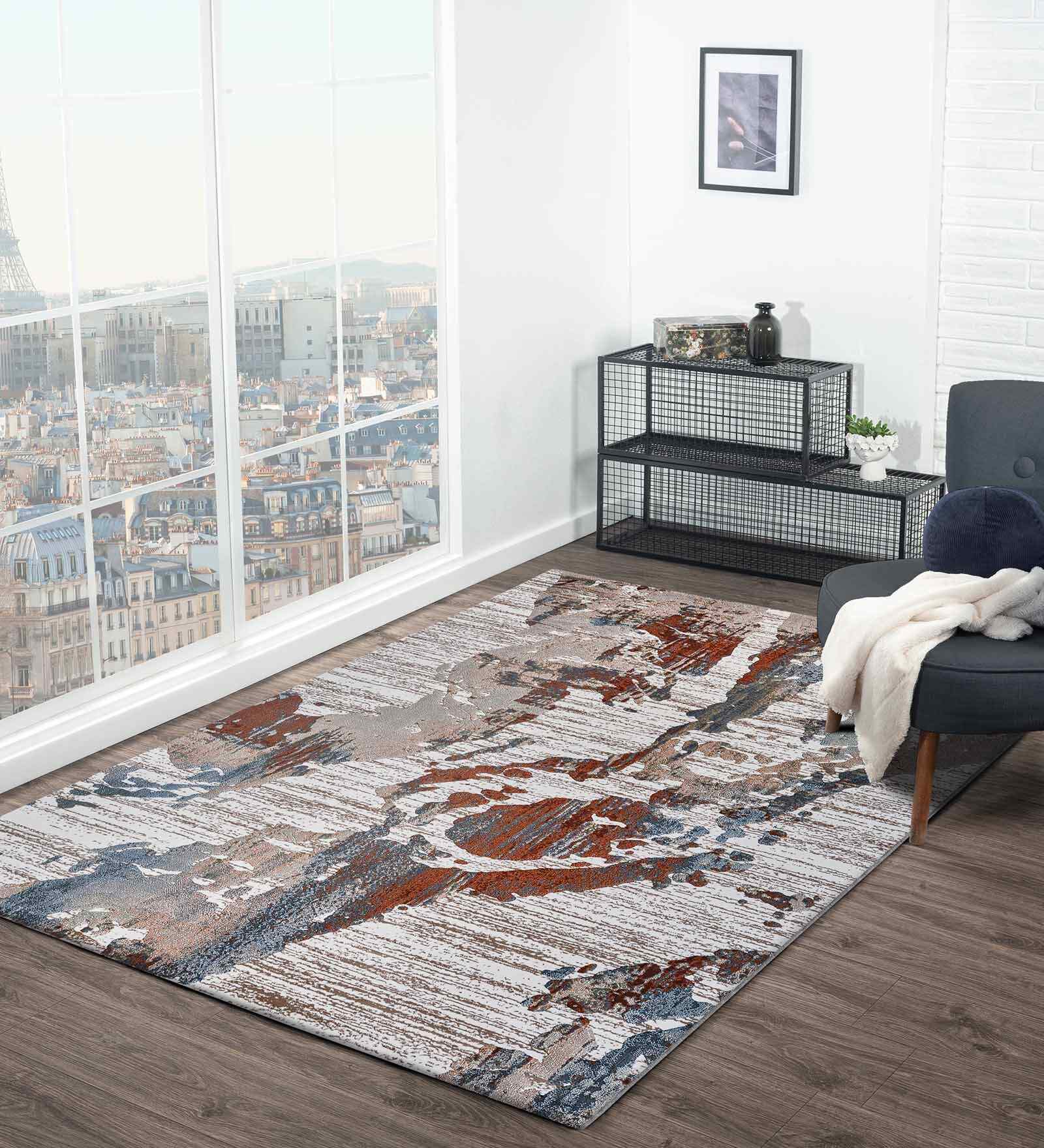 Polypropylene Abstract Machine Made Carpet, 4 X 6 Feet, Beige