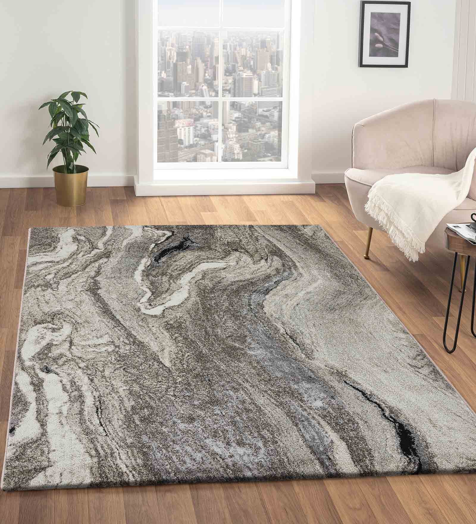 Polypropylene Abstract Machine Made Carpet, 5 x 7 feet, Grey Cream