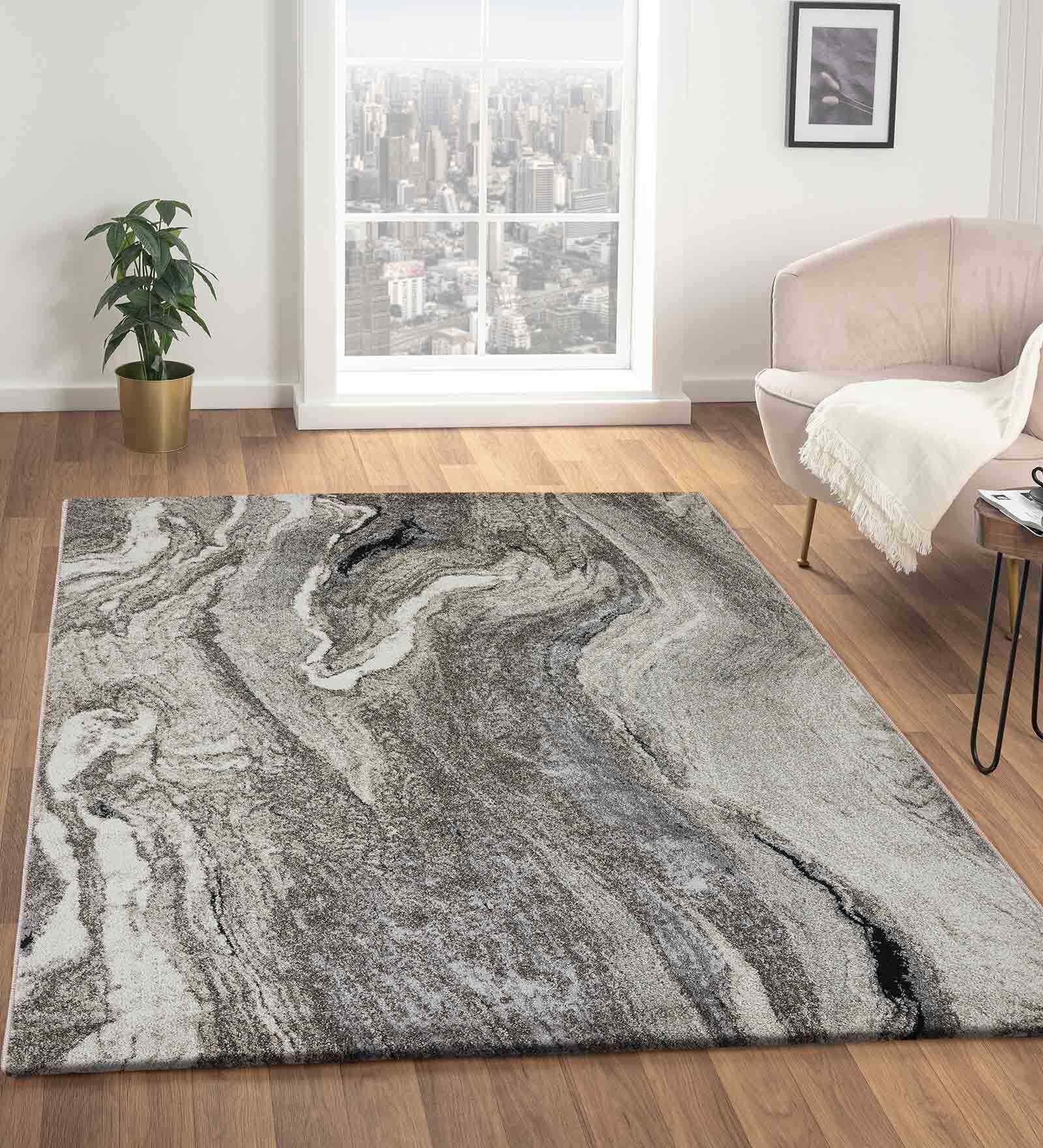 Polypropylene Abstract Machine Made Carpet, 5 X 7 Feet, Grey Cream