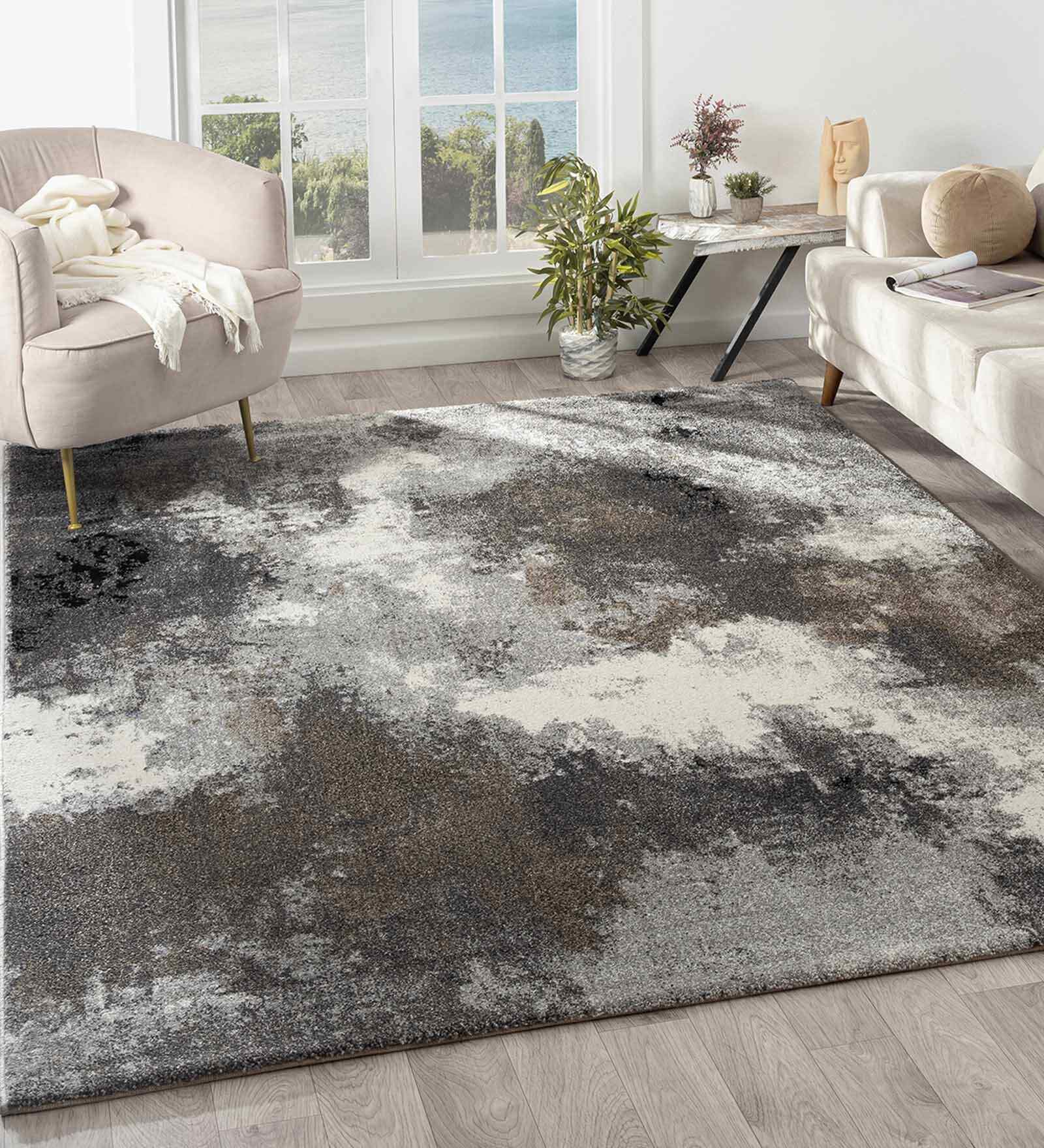 Polypropylene Abstract Machine Made Carpet, 5 X 7 Feet, Grey