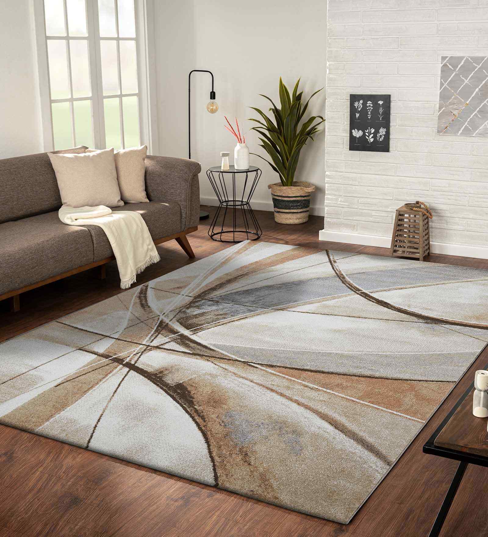 Polypropylene Abstract Machine Made Carpet, 5 X 7 Feet, Light Brown And Cream