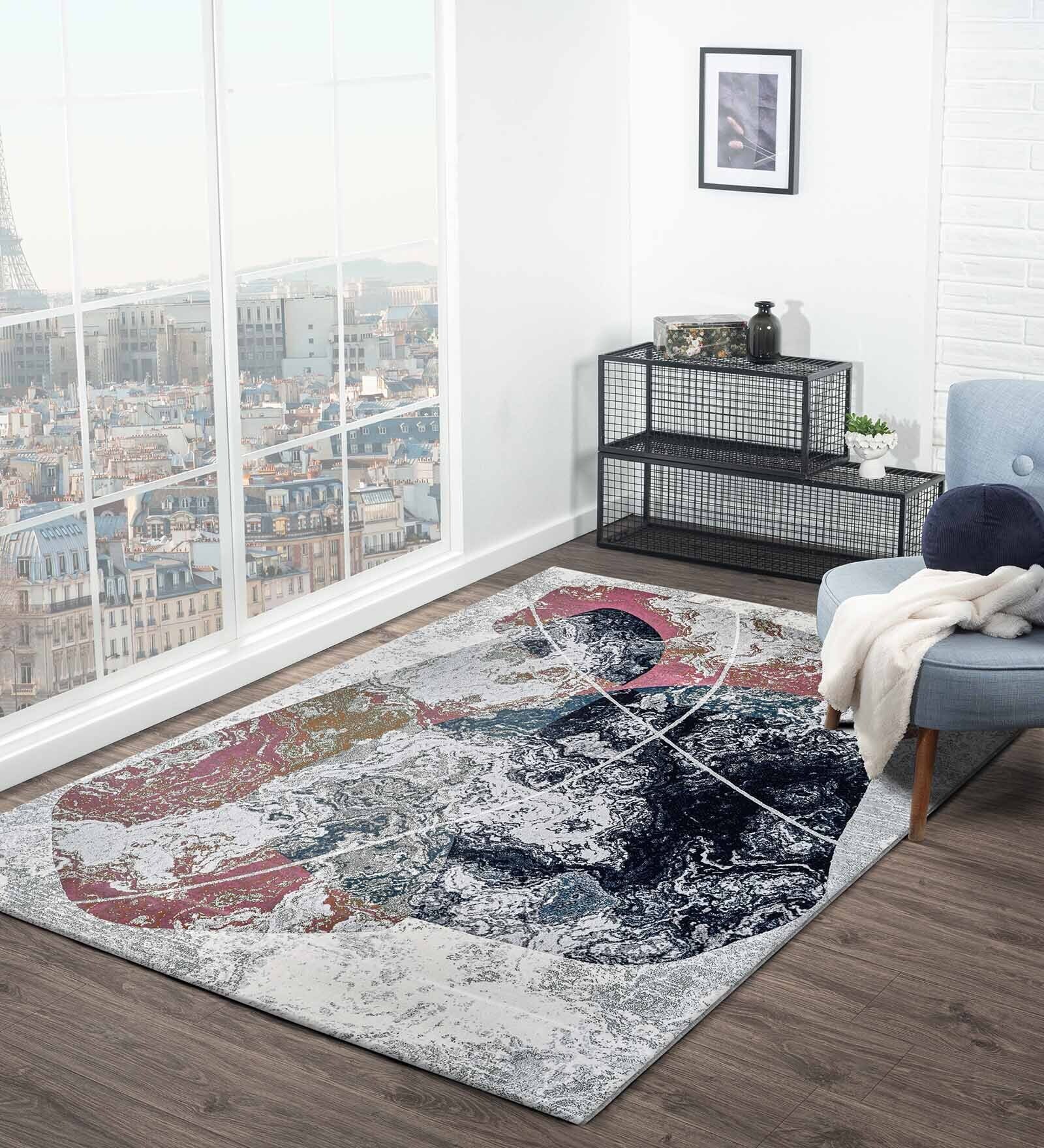 Polypropylene Abstract Machine Made Carpet, 5 X 7 Feet, Peach And Blue