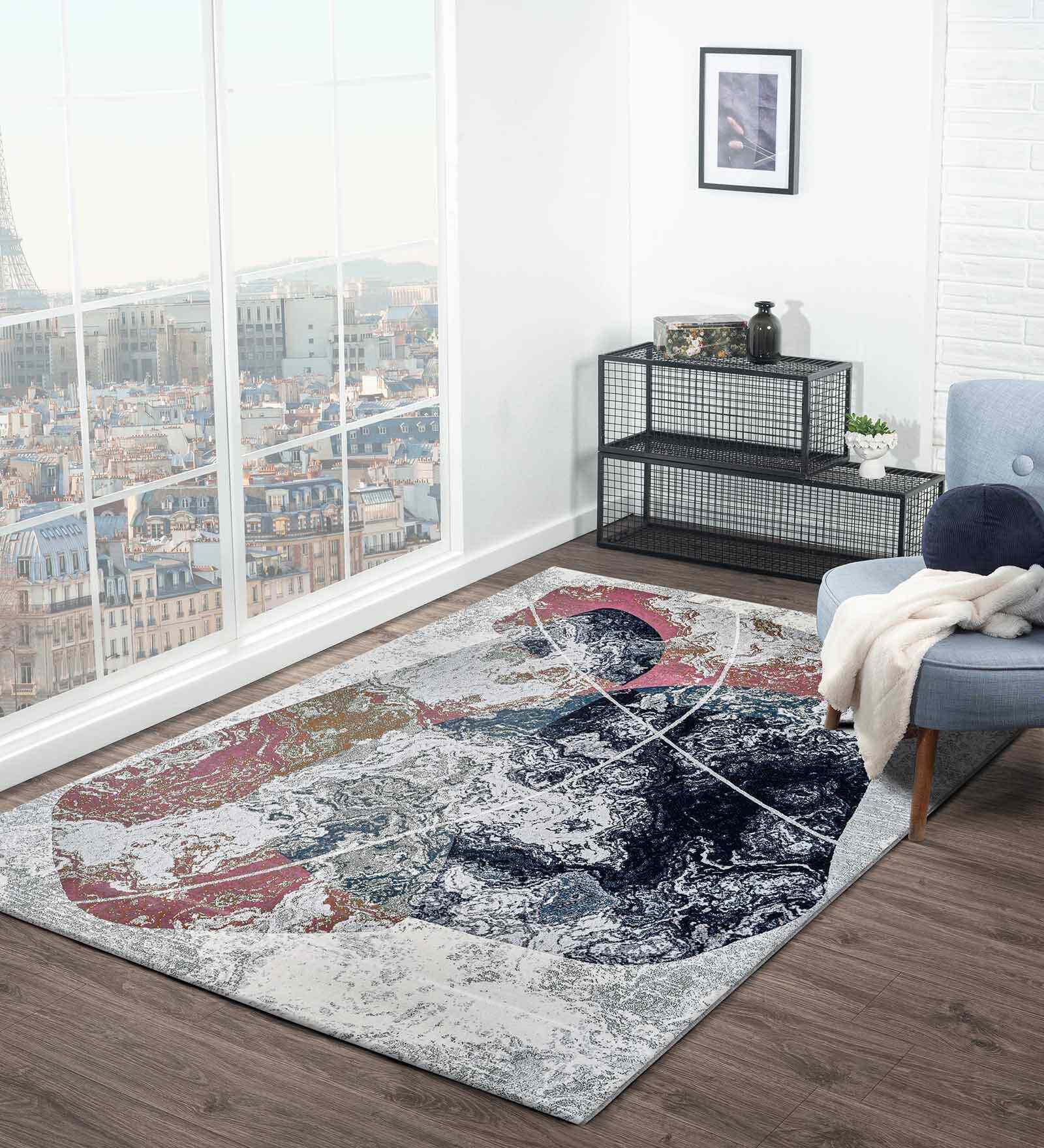 Polypropylene Abstract Machine Made Carpet, 5 X 7 Feet, Peach And Blue