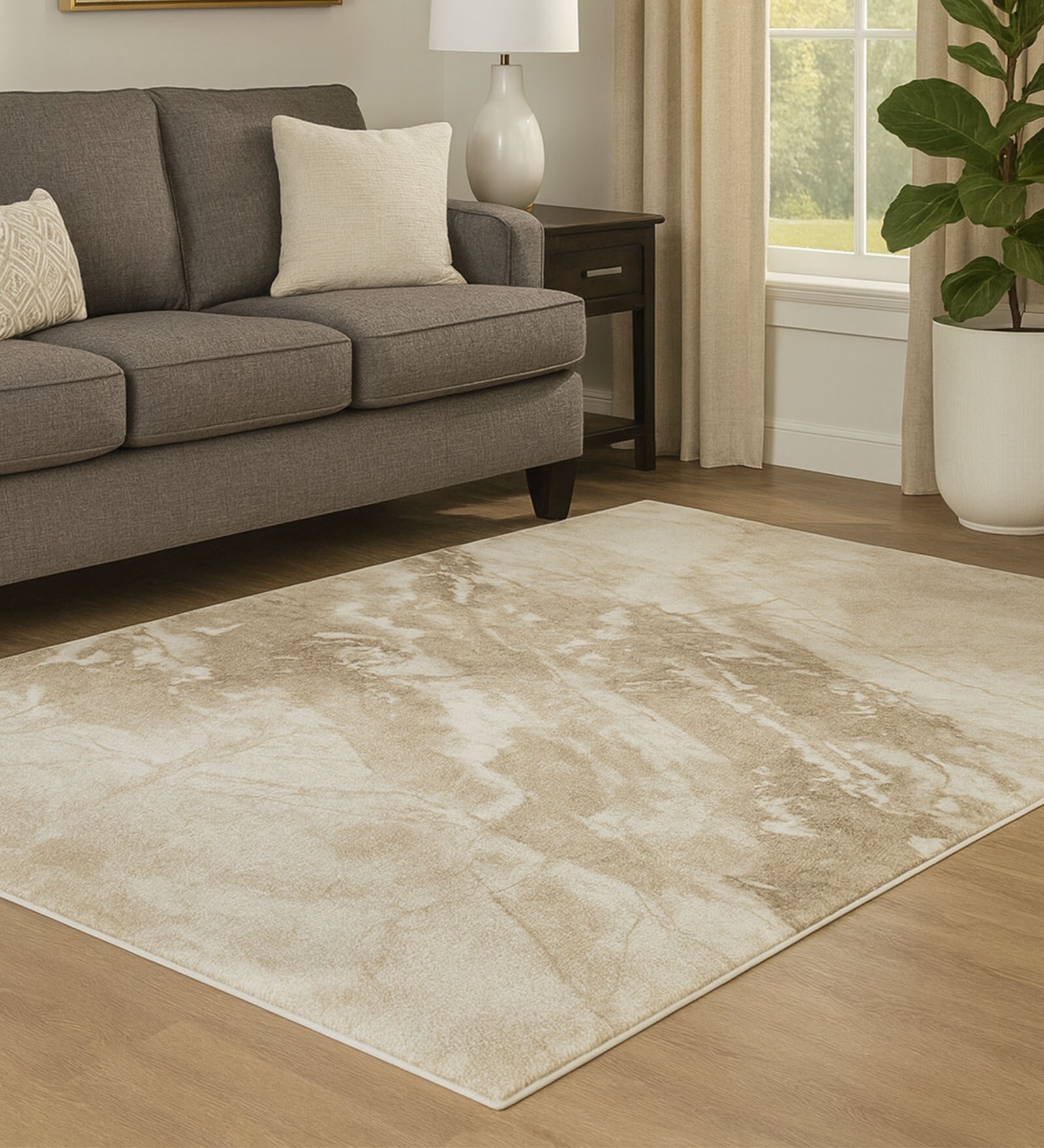 Cream Polypropylene Abstract Machine Made 10 X 14 Feet Carpet