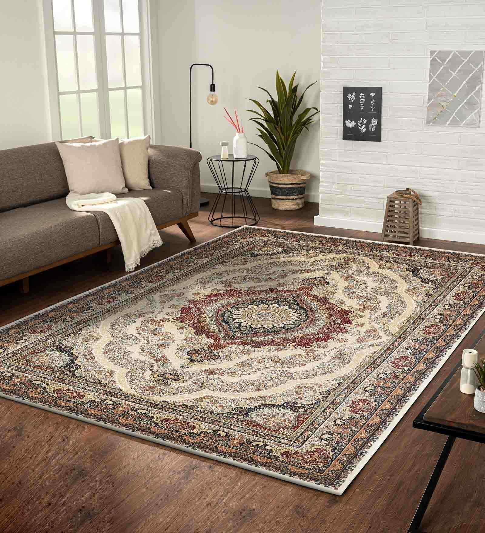 Polypropylene Persian Machine Made Carpet, 5 X 7 Feet, Cream Brown Blue