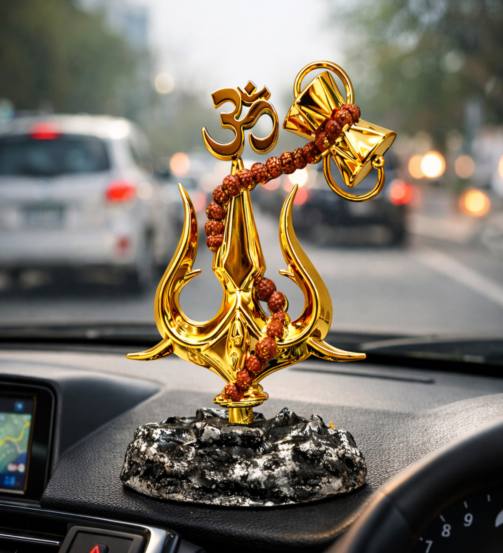 Golden Polyresin Lord Shiva Trishul Idol With Damru