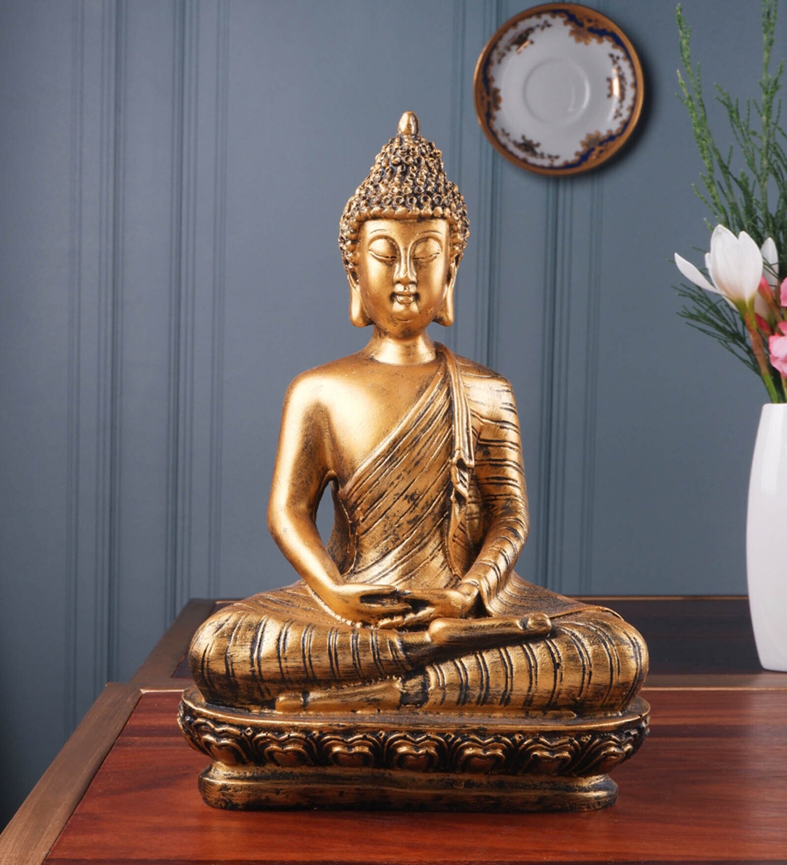 Meditating Buddha Sculpture | Weathered Stone-Look Cream Polyresin 17