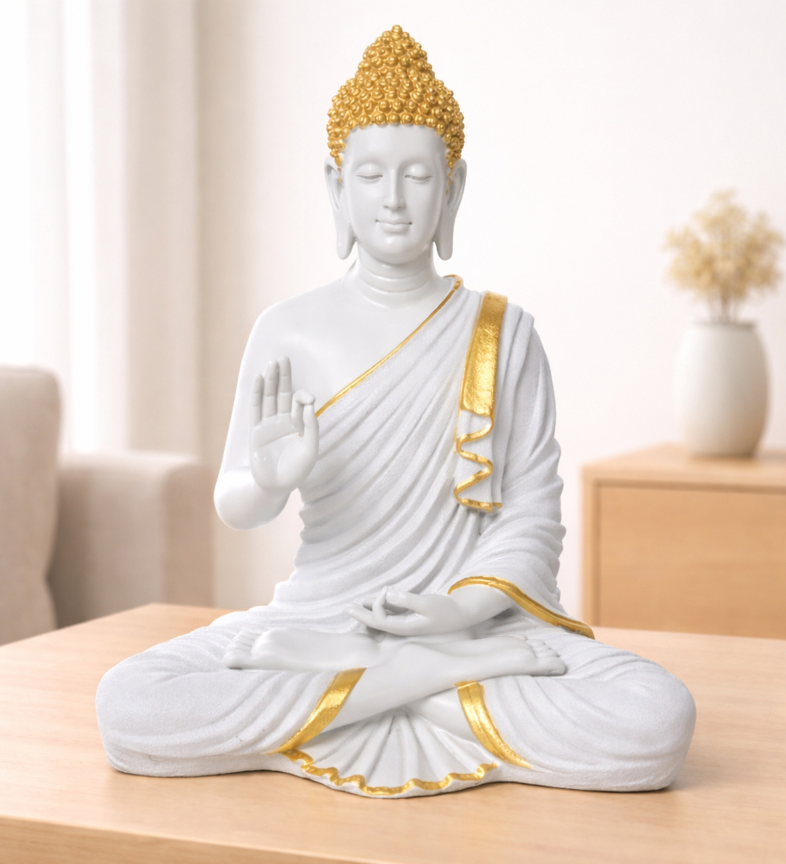 White and Gold Polyresin Lord Buddha Idol