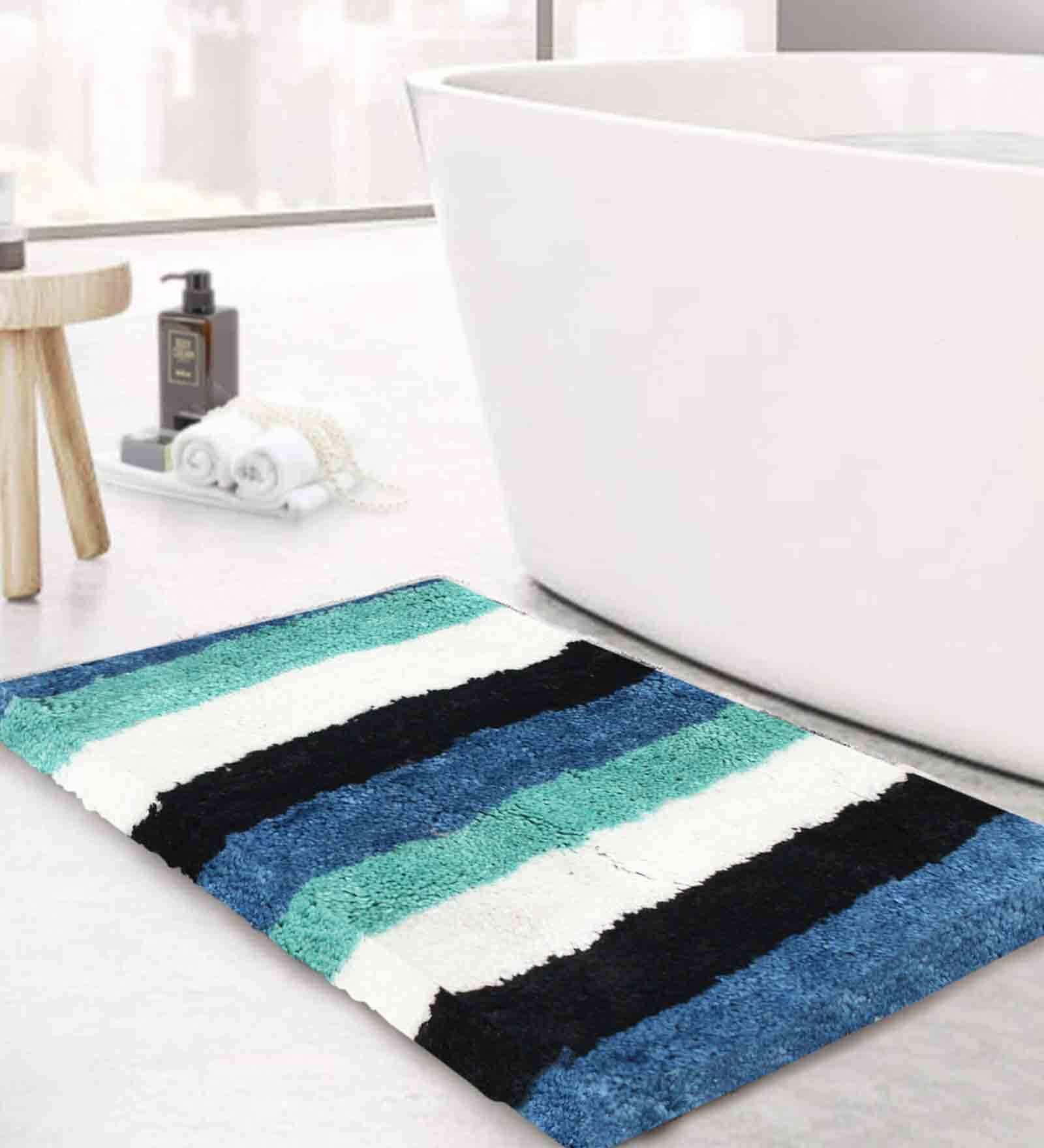 Blue & White Geometric Polyester 24x16 Inches AntiSkid Bath Mat
