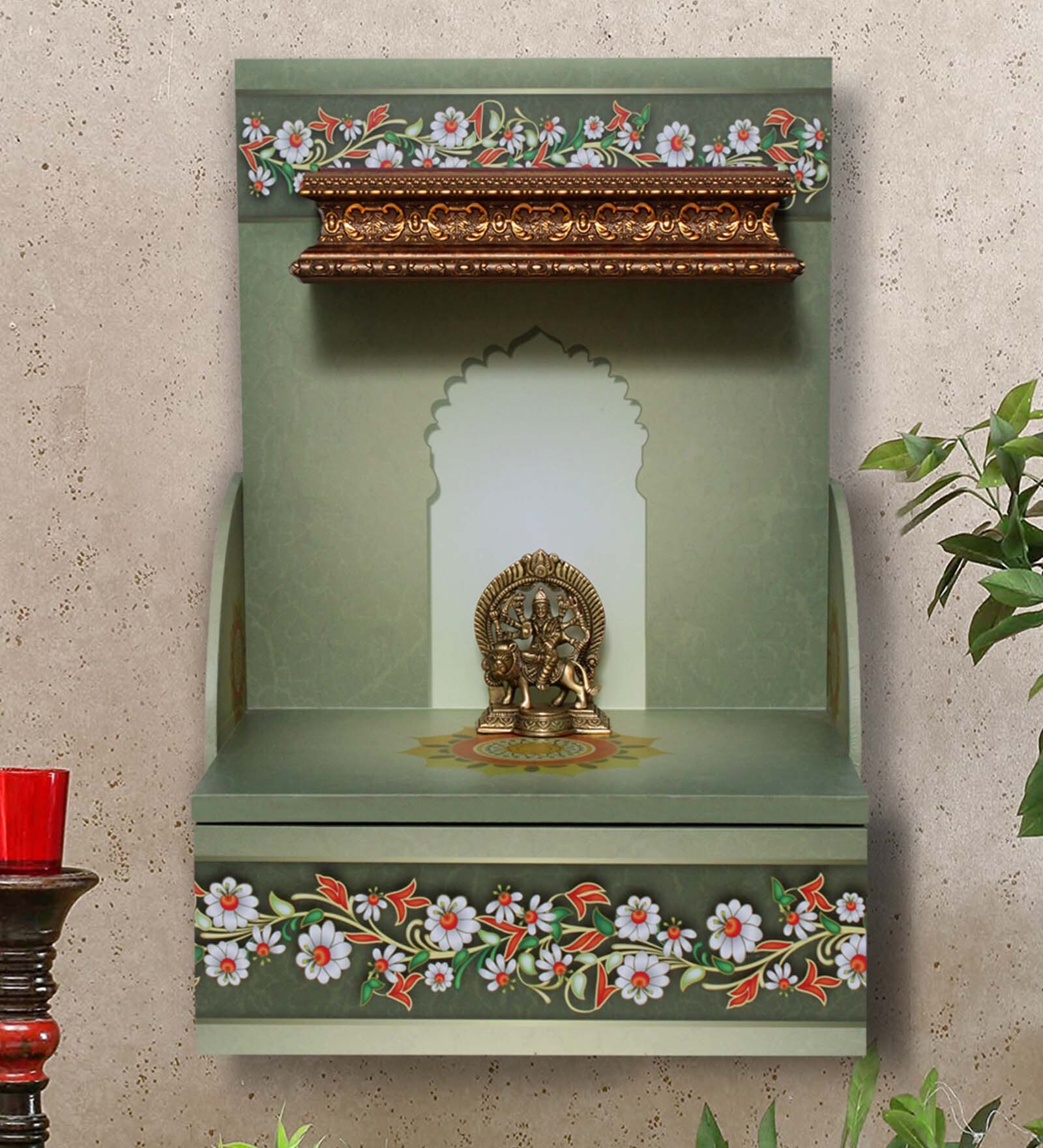 MDF Wood Pooja Mandir In Grey With LED Light