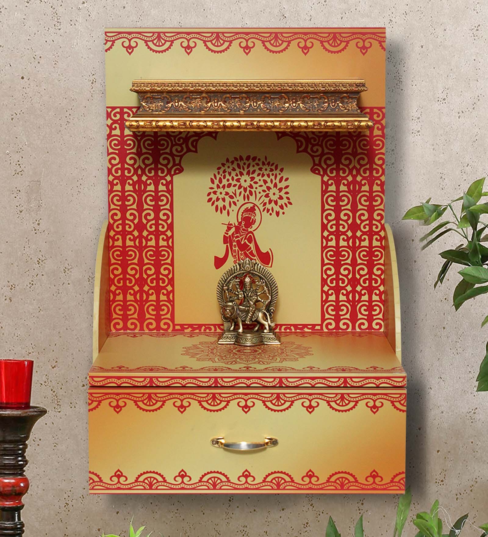 MDF Wood Pooja Mandir In Yellow With LED Light
