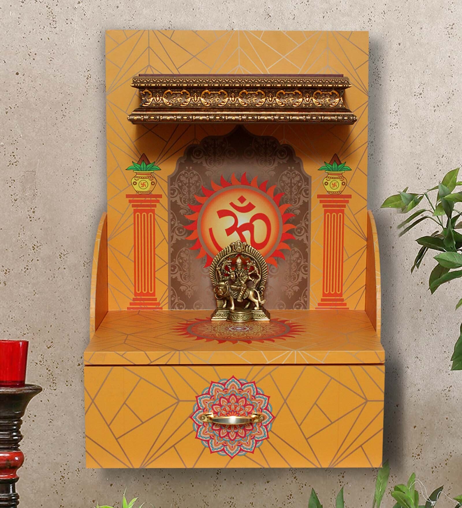 MDF Wood Pooja Mandir In Yellow With LED Light