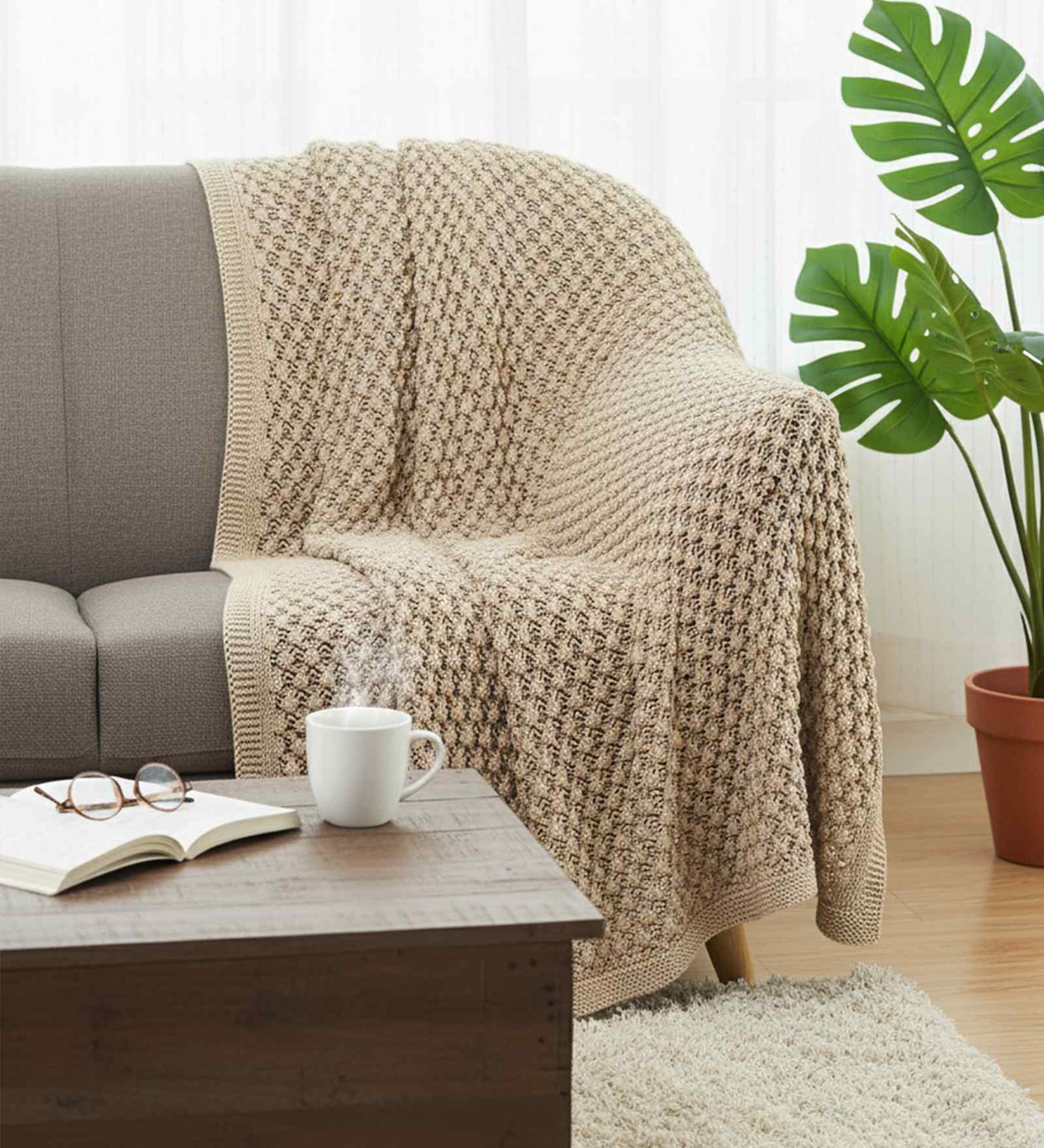 Popcorn Knit Light Beige Melange Cotton Knitted Throw