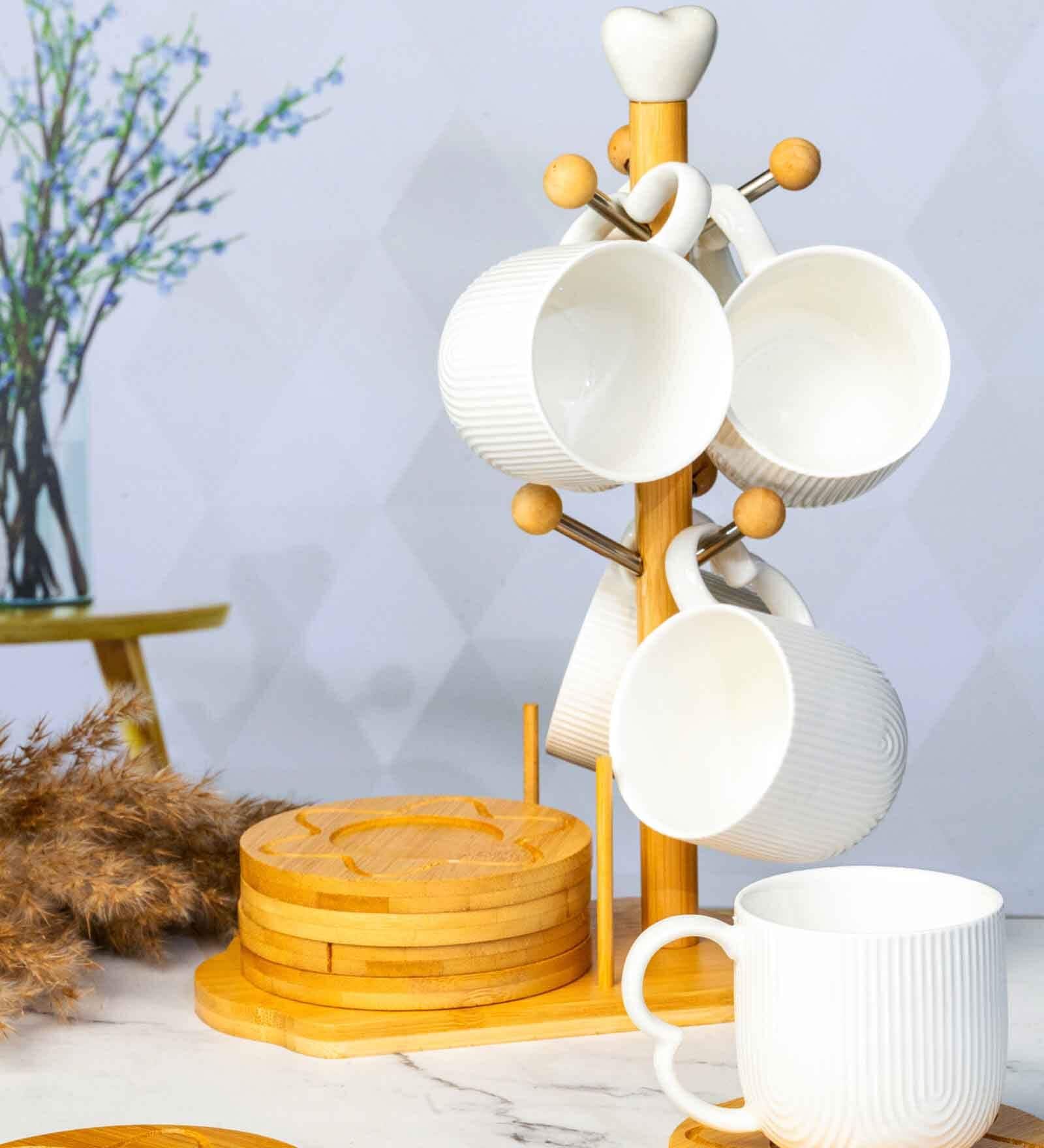 Porcelain Cup & Wooden coster with Stand Set of 13pcs