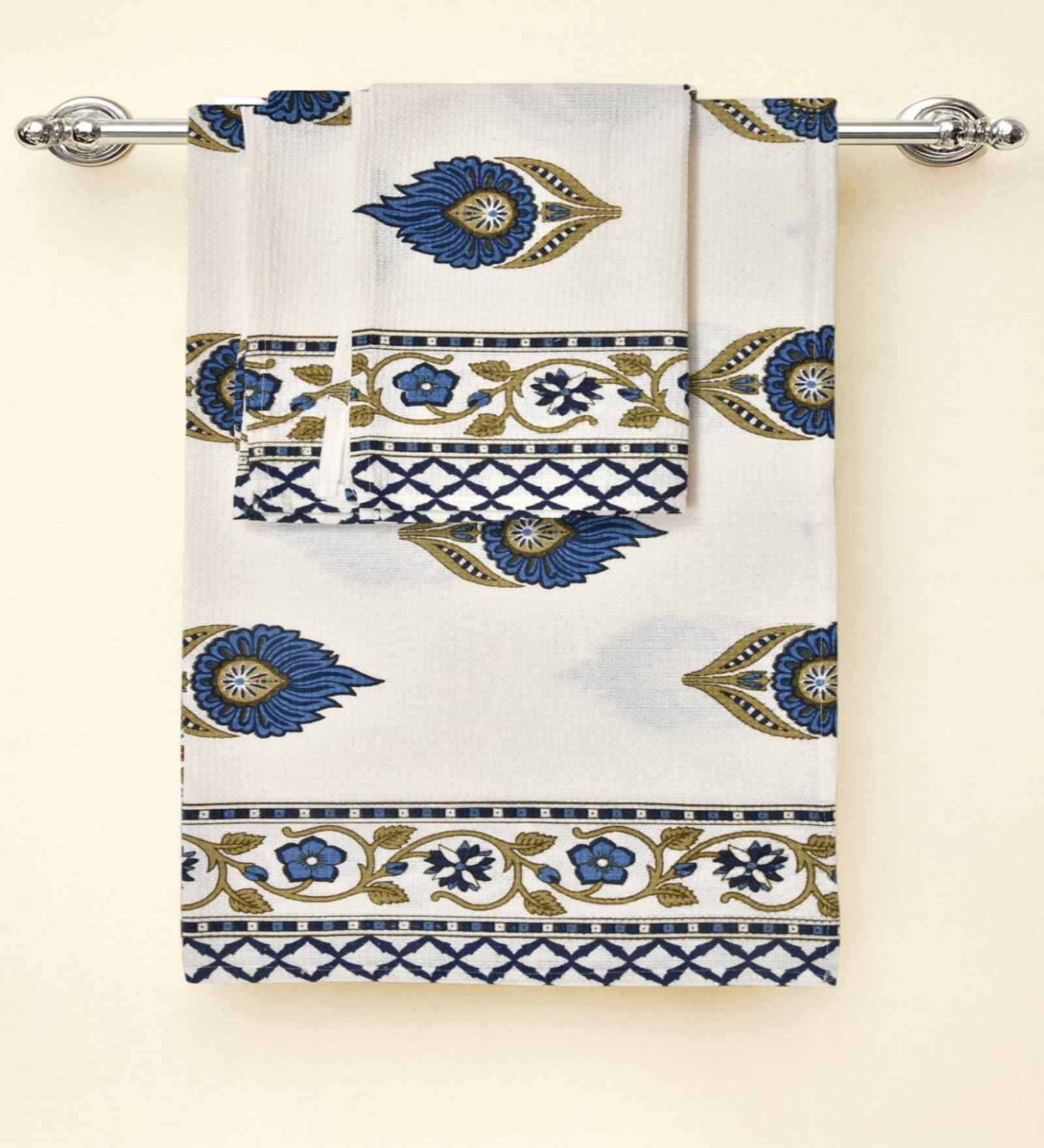 Porcelain Madhuban Floral Waffle Cotton 250 GSM Bath & Hand Towel Set