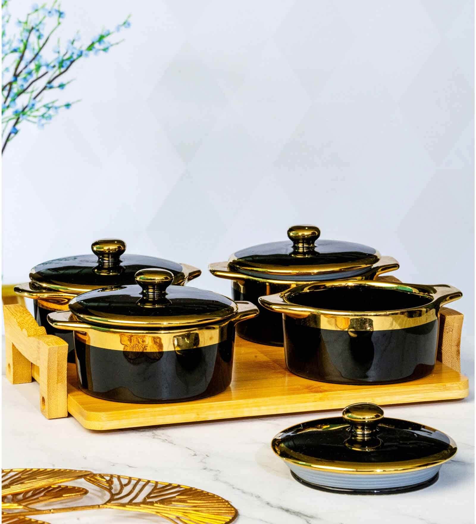 Porcelain Serving Bowl with Lid & Wooden Tray Set of 5pcs