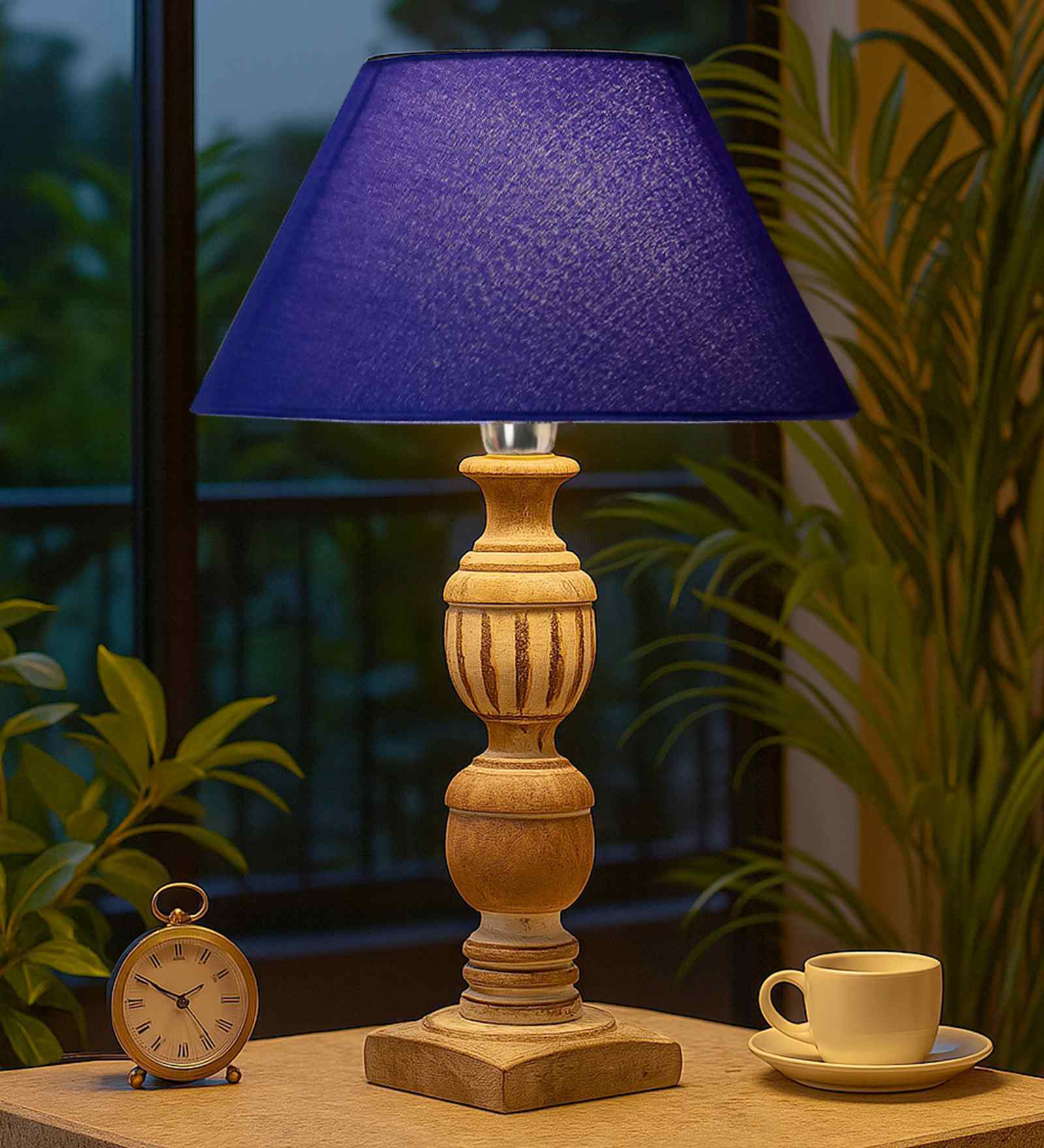 Porco Blue Cotton Shade Night Lamp With Wood Base