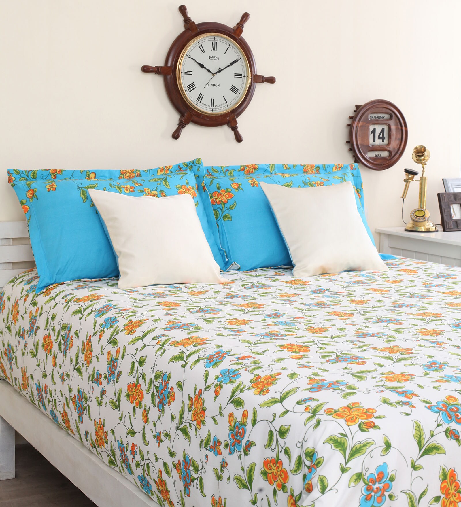 Buy Portico New York Blue Cotton Queen Size Floral Print Bed Sheet with