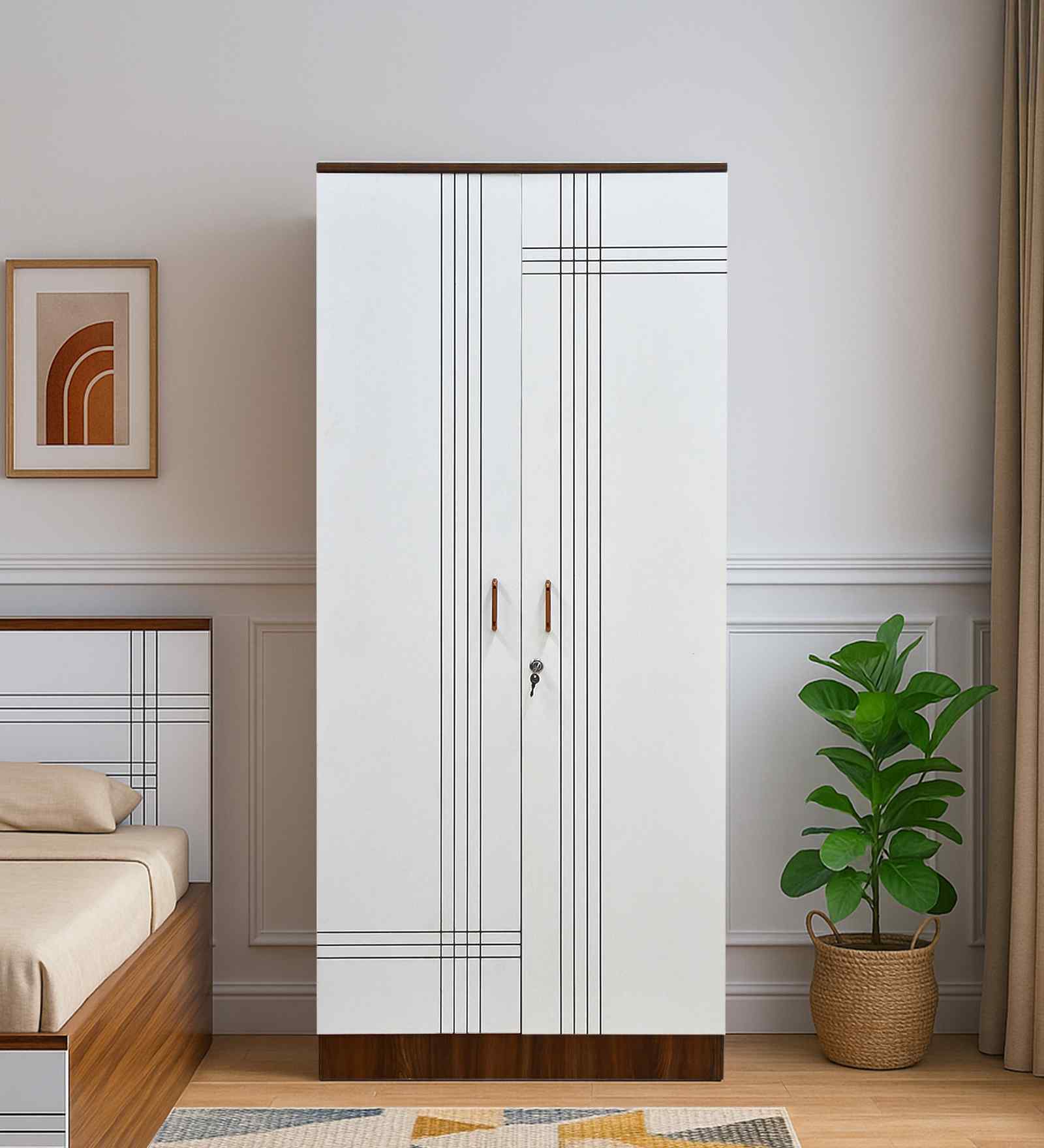 Portland 2 Door Wardrobe In Planked Oak Dark And Ceramic White Finish