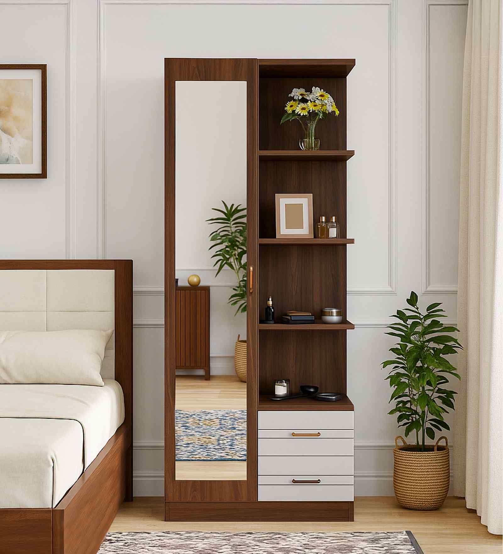 Portland Dressing Unit With Mirror & Drawer In Planked Oak Dark With Ceramic White Finish