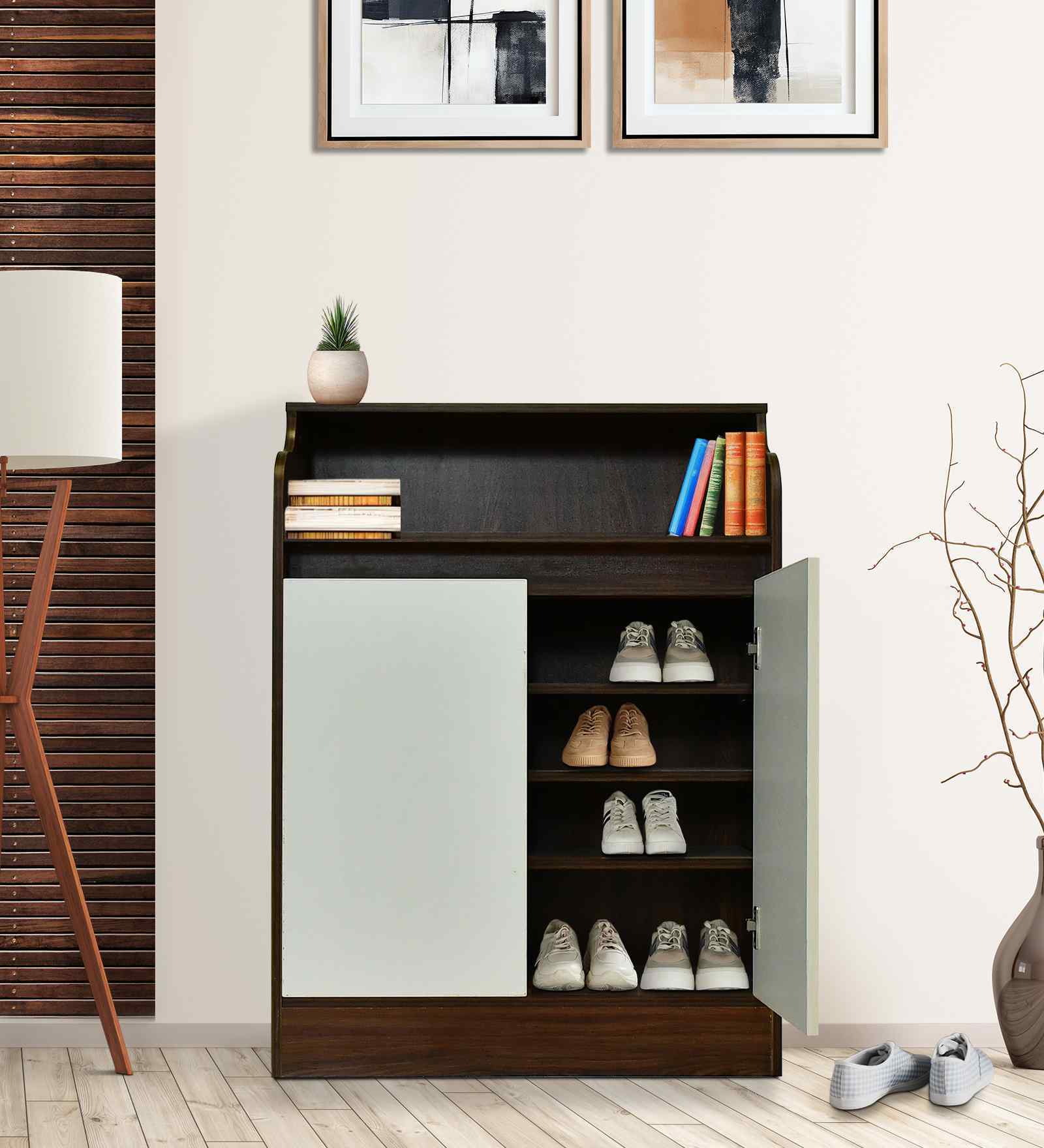 Portland Shoe Cabinet In Planked Oak Dark With Ceramic White Finish