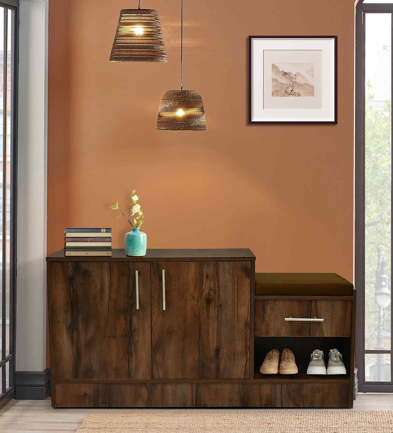 Portland Shoe Cabinet With Seating In Dusky Basalt Finish