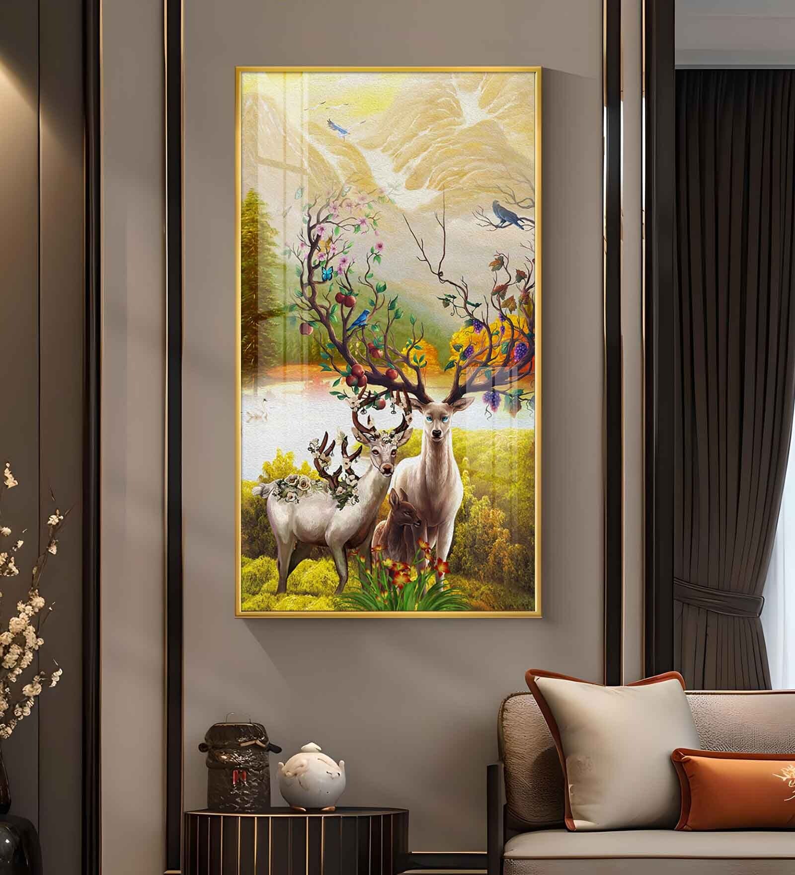 Portrait of Deer and Blossoms Glass Finish Vertical Wall Art