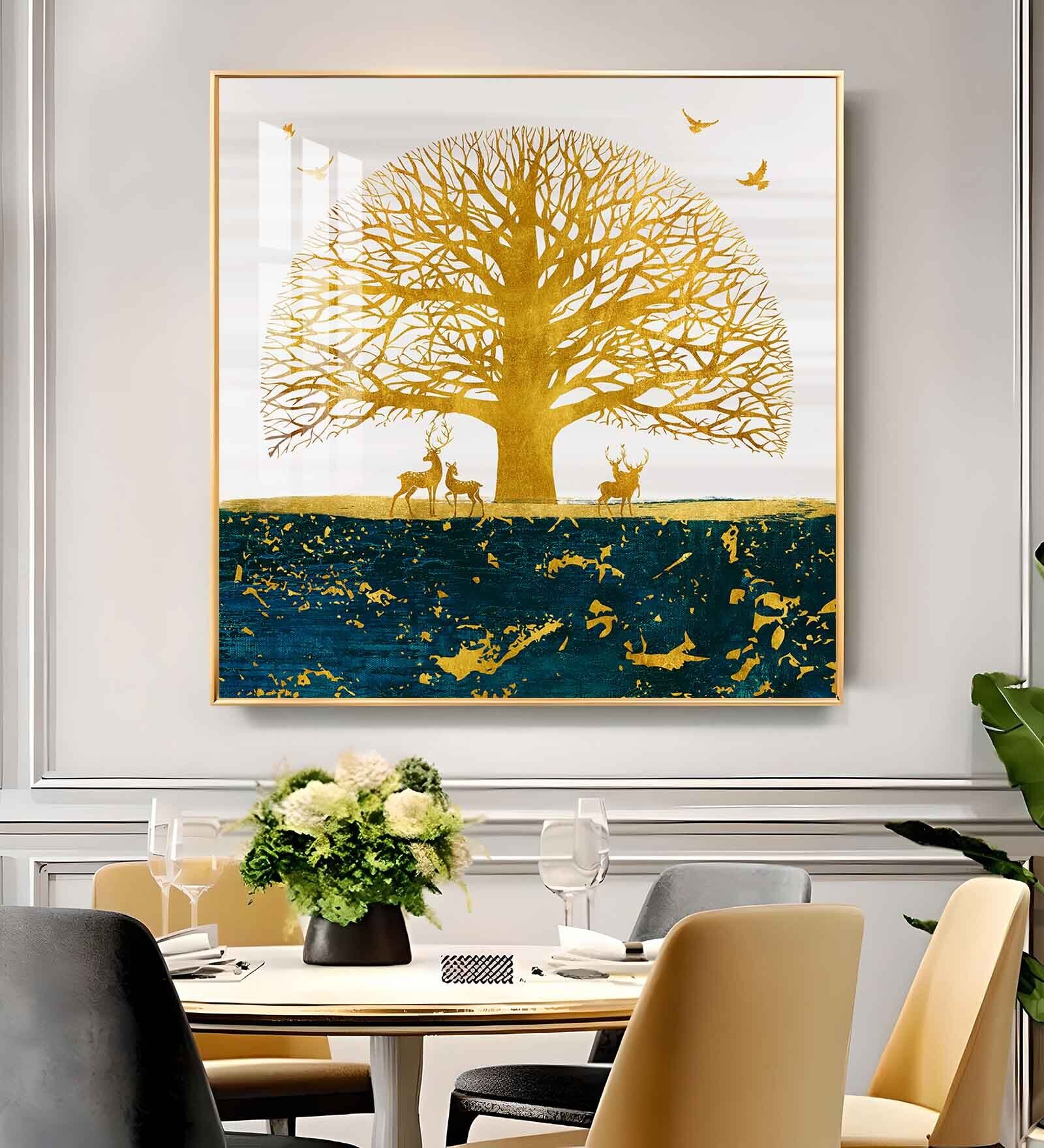 Portrait of Deer and Tree Glass Finish Square Wall Art
