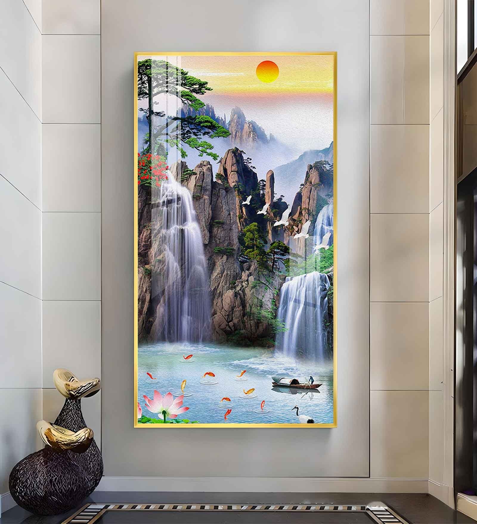 Portrait of Water and Birds Glass Finish Vertical Wall Art