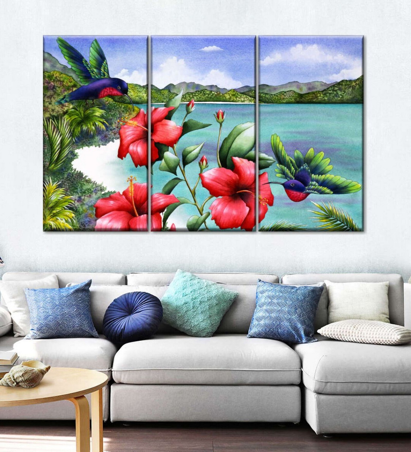 Pink Blue Hibiscus Hummers Printed Framed Wall Art Panels ( Set Of 3)