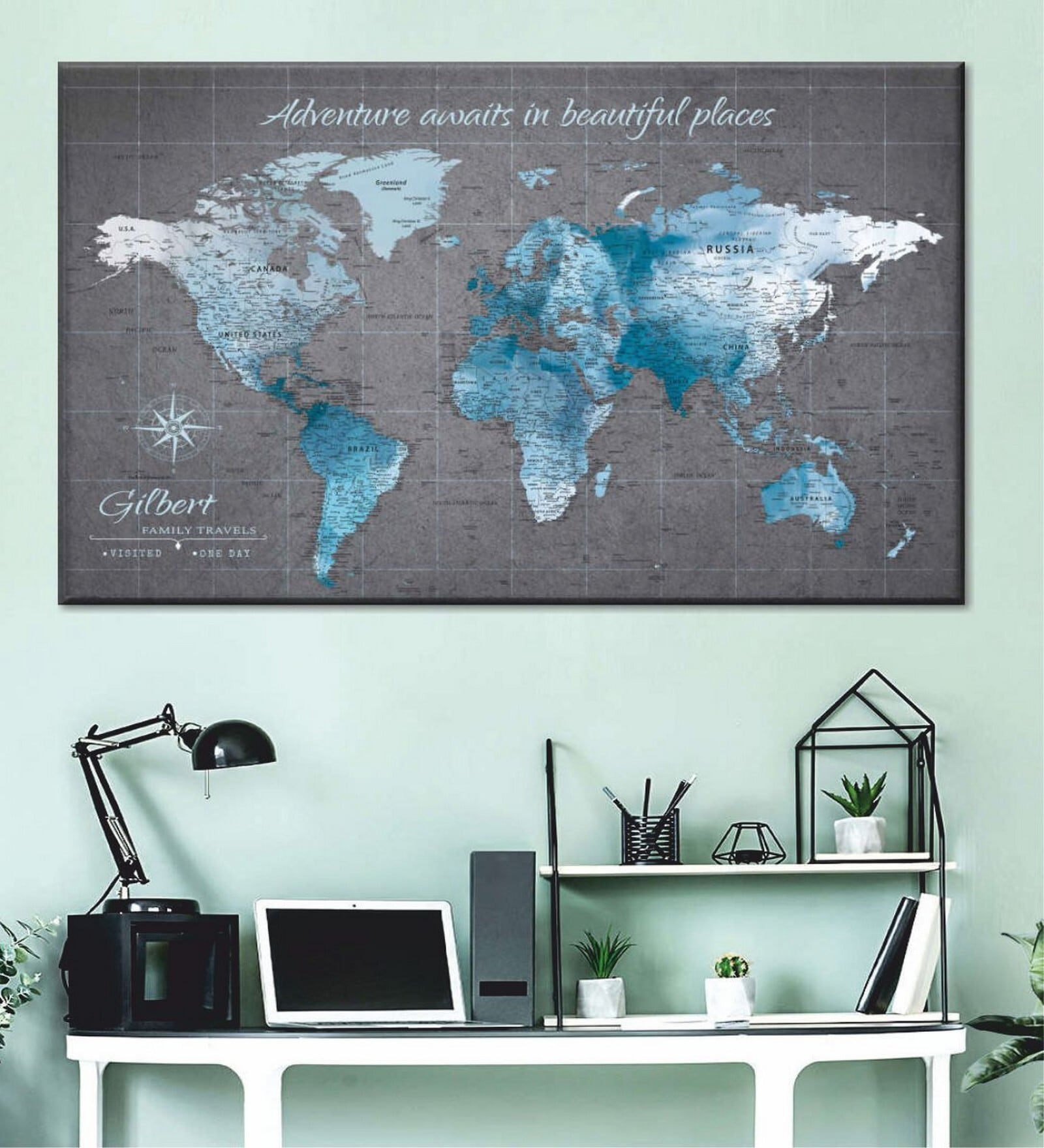 Grey & Blue World Map Printed Framed Wall Art