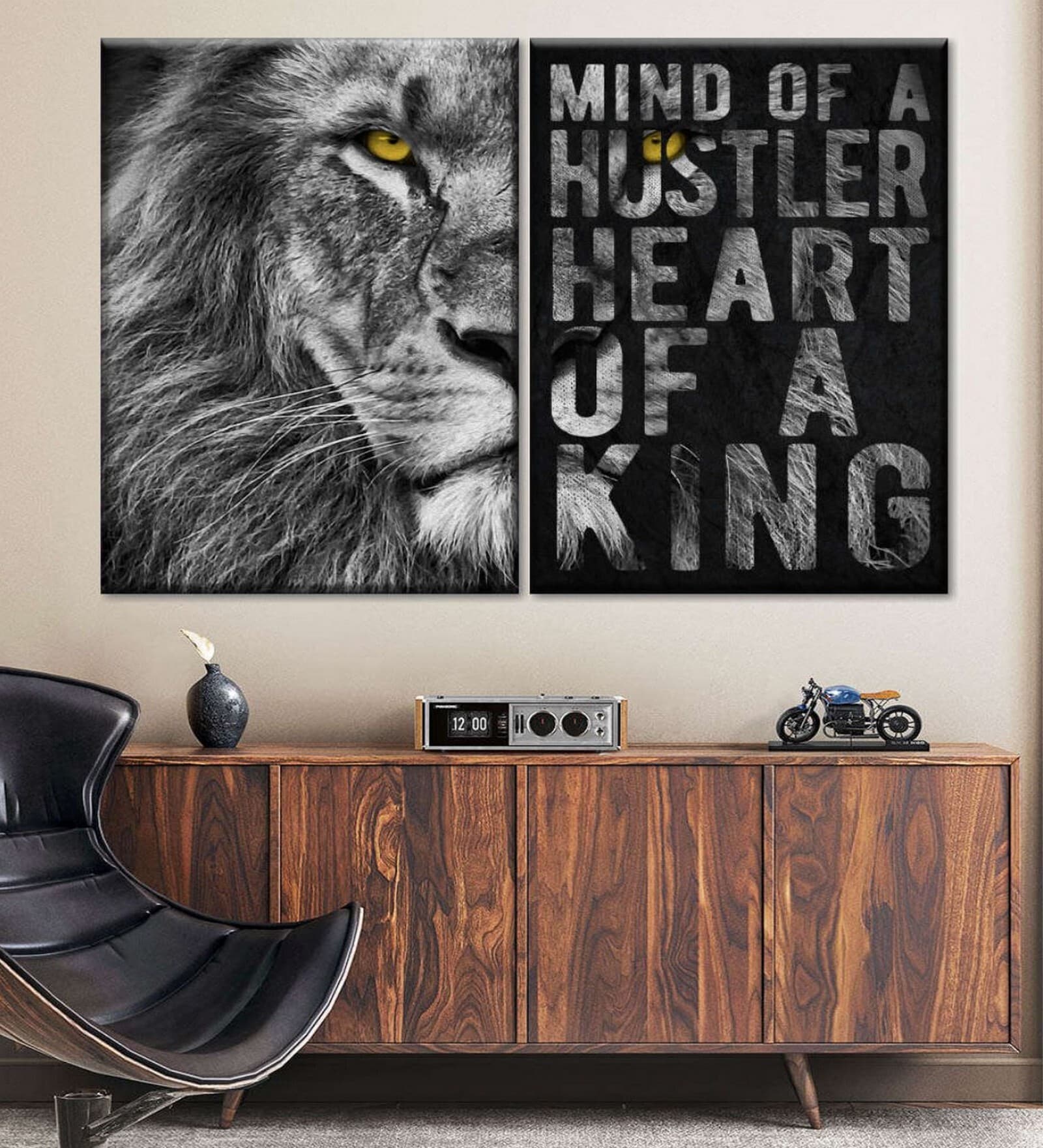 Black White Lion Hustler Inspirational Quote Framed Wall Art Panels ( Set Of 2)