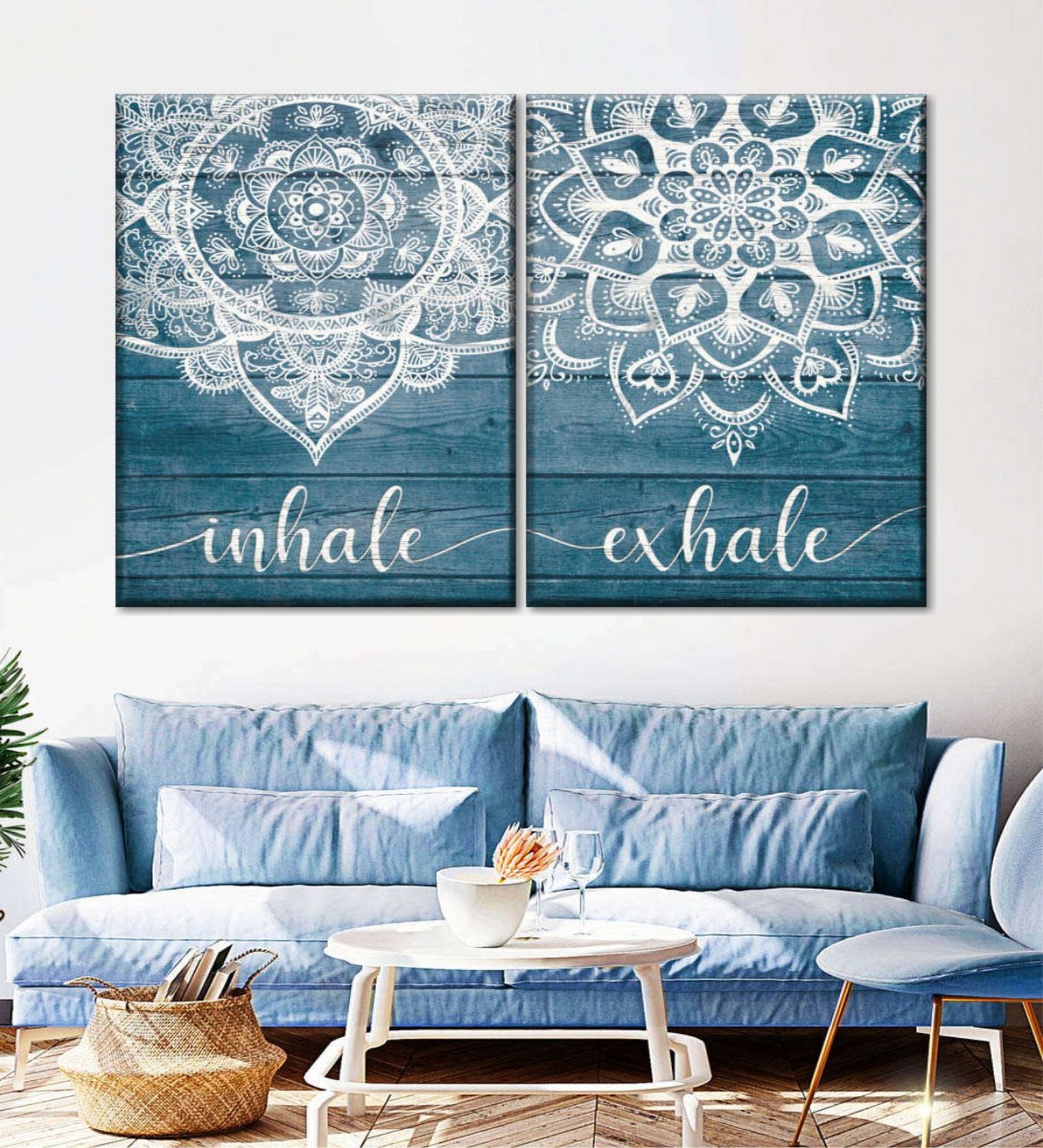 Blue & White Inhale Exhale Zen XI Printed Framed Wall Art Panels ( Set Of 2)
