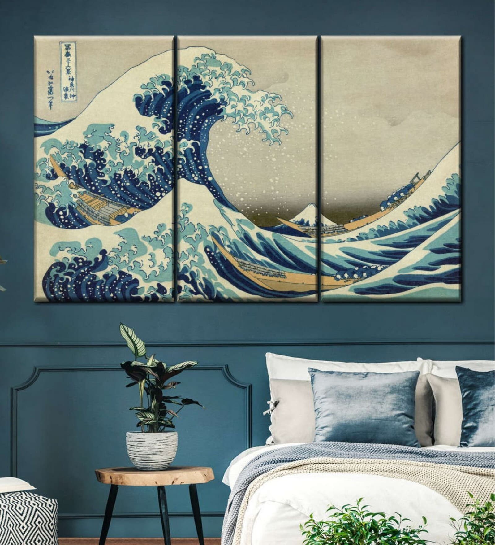 Green Blue Wave Printed Wall Art Panels ( Set Of 3)