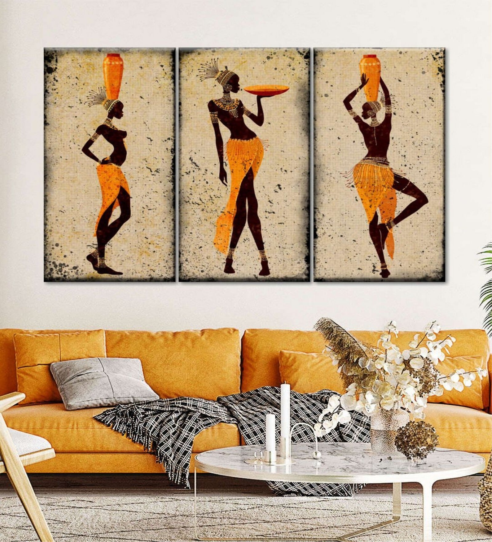 Beige Black Six Tribal African Women Panels Canvas Wall Art Panels ( Set Of 3)