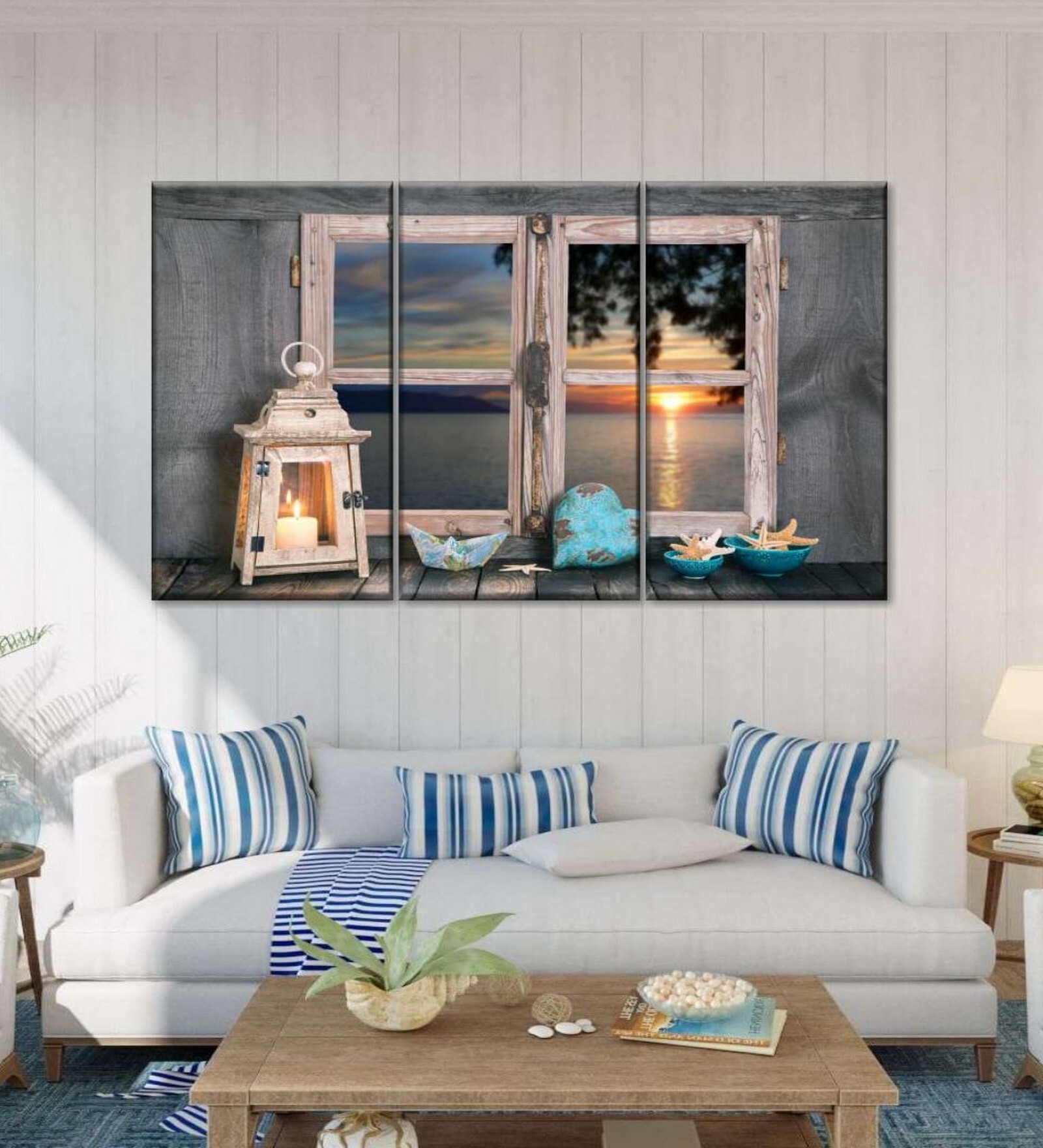 Black Beige Window To Sunset Beach Front Printed Canvas Framed Wall Art Panels ( Set Of 3)