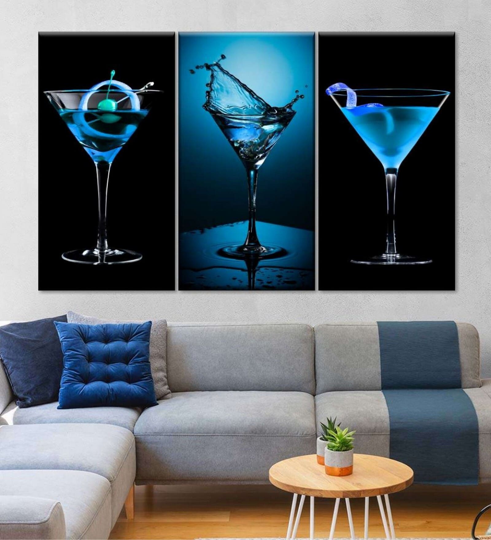 Black Blue Cocktail Drinks Framed Wall Art Panels ( Set Of 3)