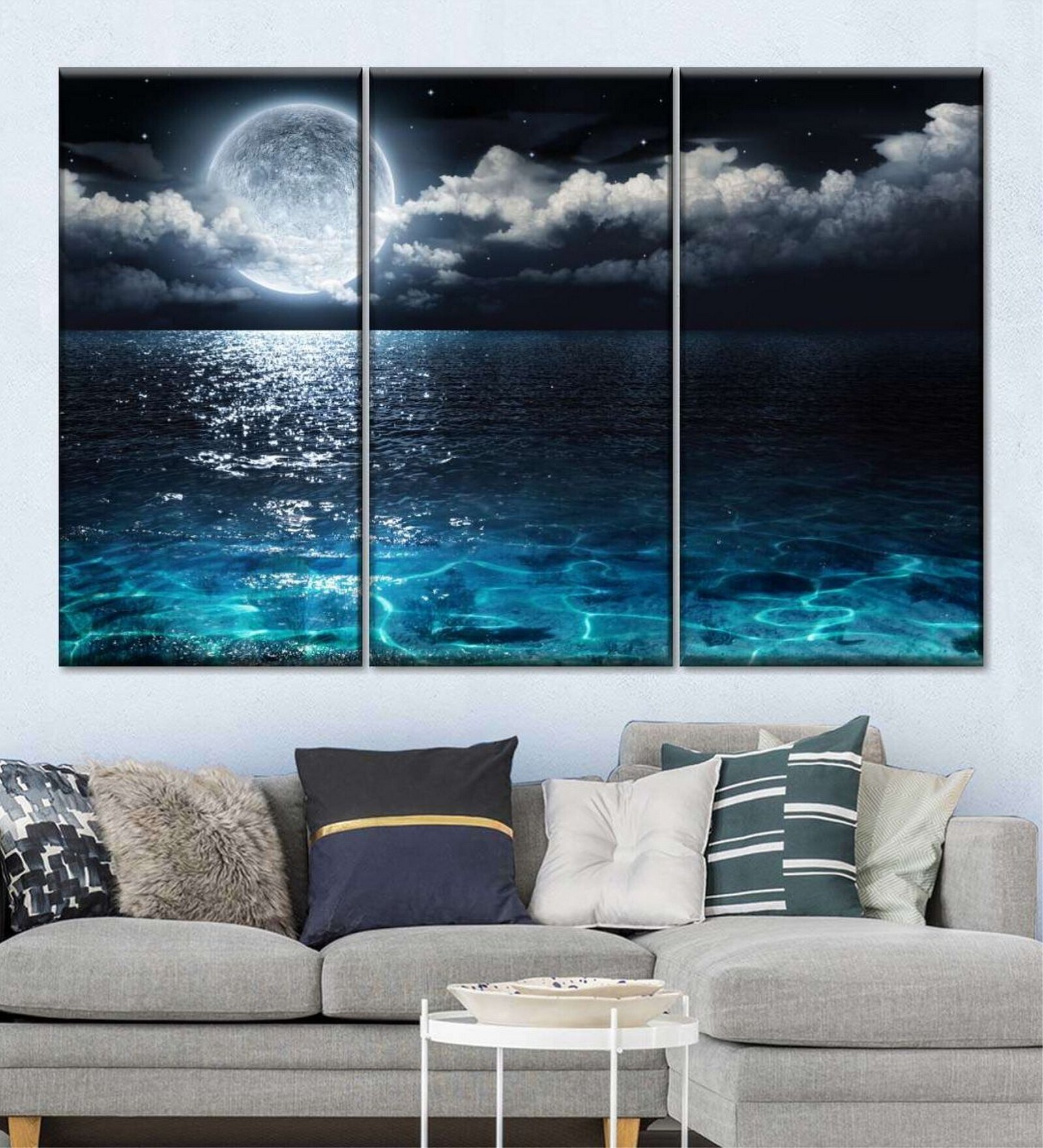 Black Blue Romantic Full Moon Printed Framed Wall Art Panels ( Set Of 3)