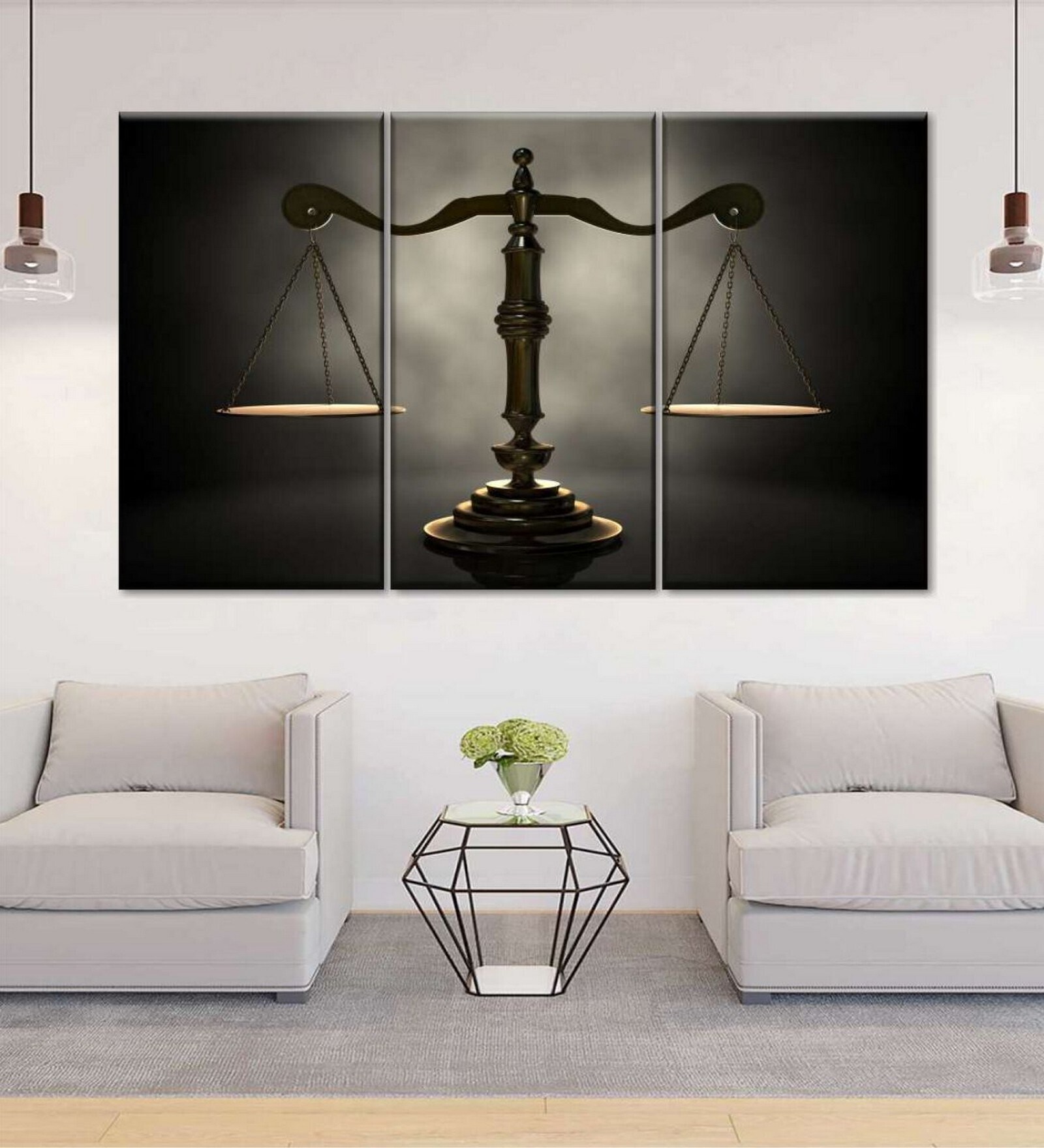 Black Grey Gold Scales Of Justice Printed Wall Art Panels ( Set Of 3)