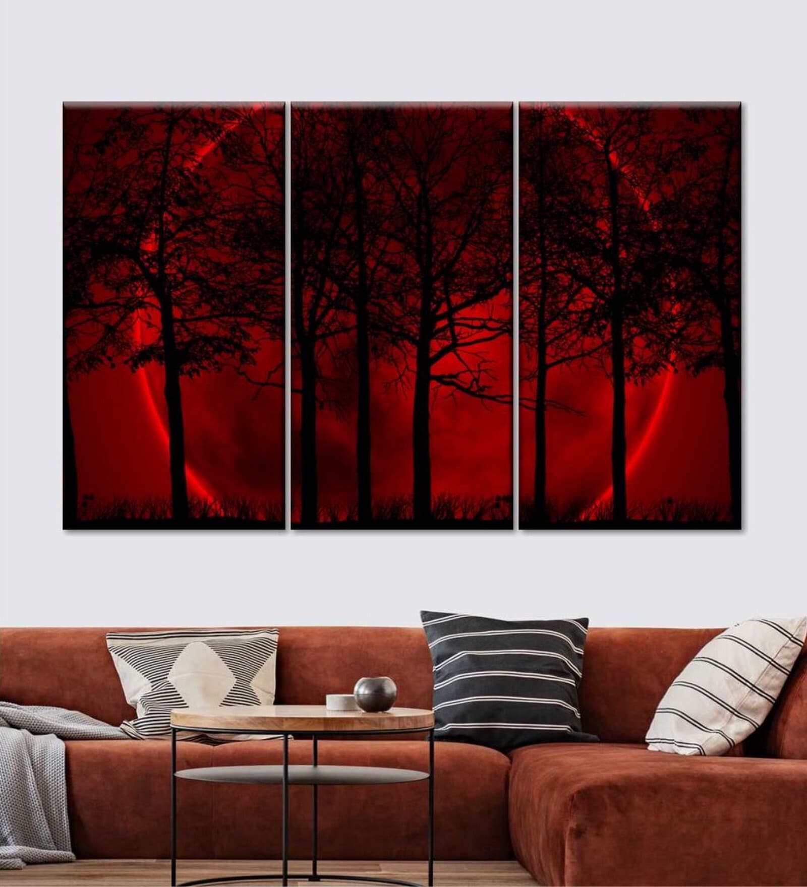 Black Red Dark Haunted Forest Printed Framed Wall Art Panels ( Set Of 3)