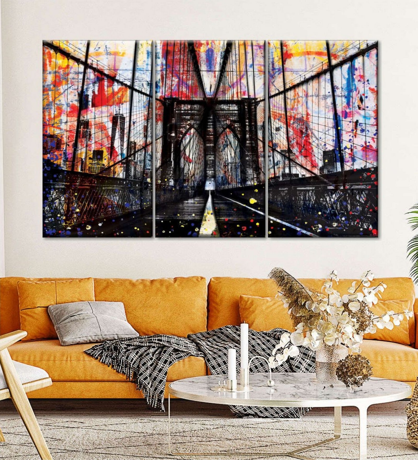 Black Red Grunge Brooklyn Bridge Printed Framed Wall Art Panels ( Set Of 3)