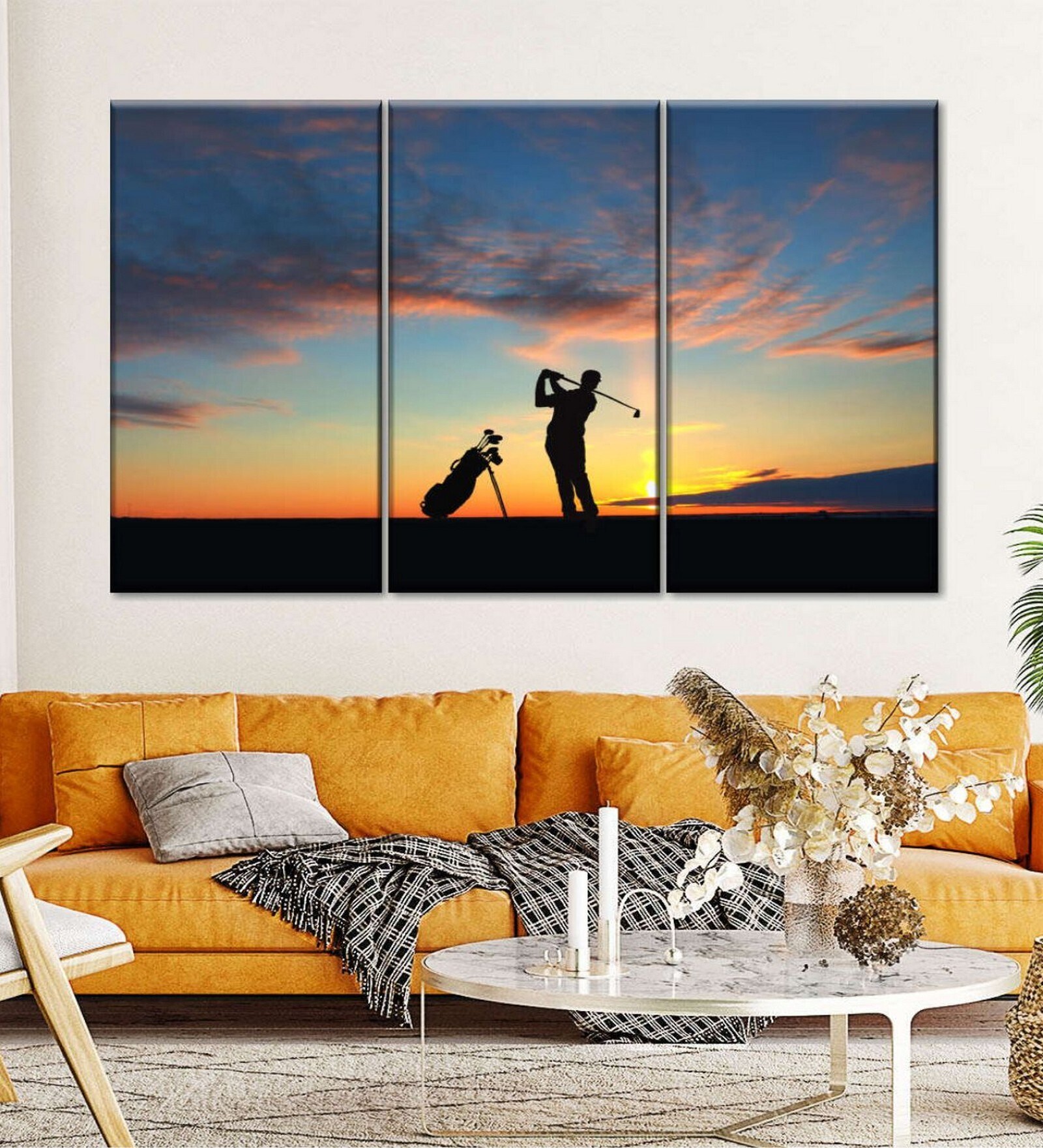 Black Yellow Golfing At Sunset Panels Canvas Wall Art Panels ( Set Of 3)