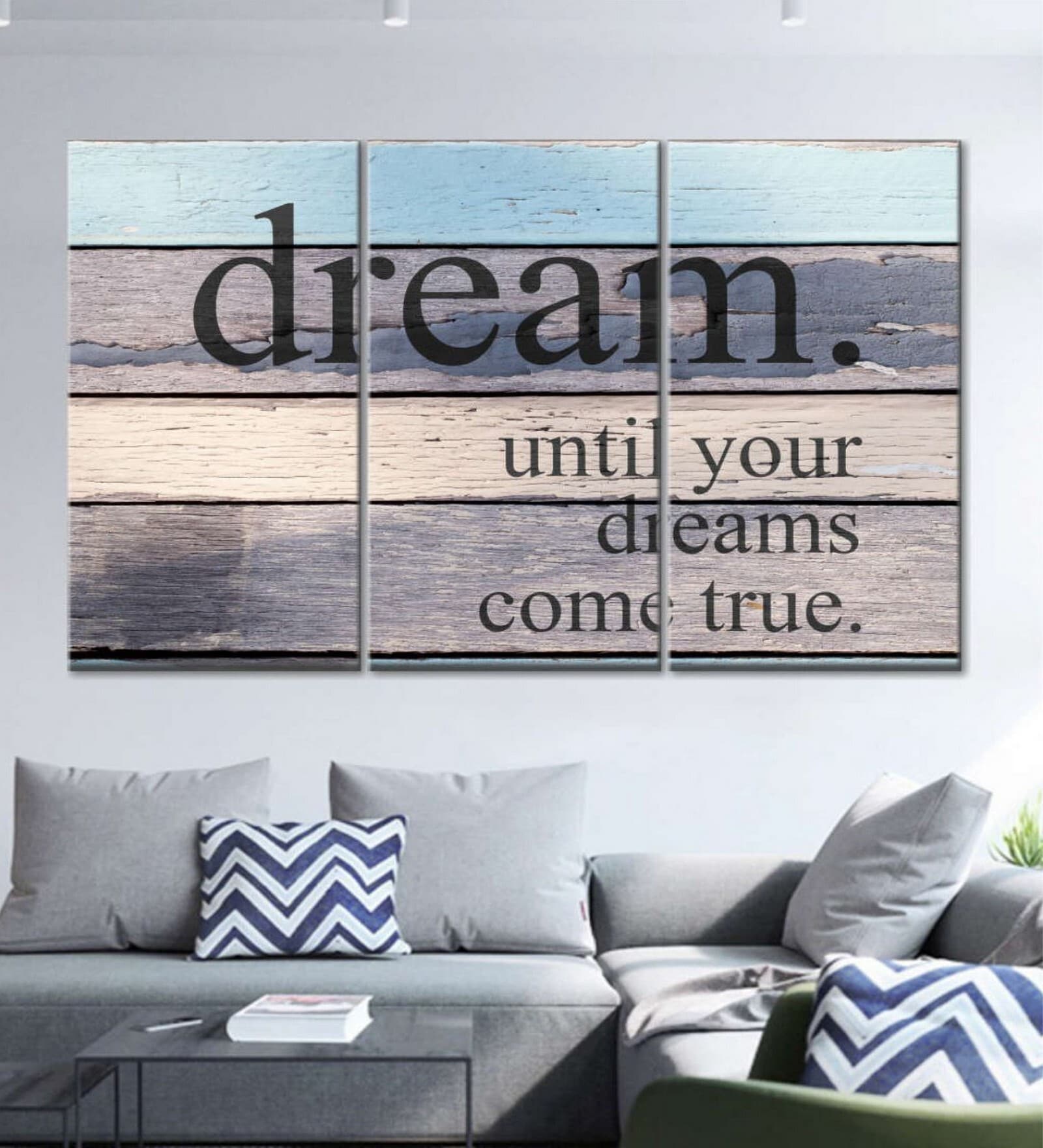 Blue Brown Dreams And Ambitions Quotes Printed Framed Wall Art Panels ( Set Of 3)
